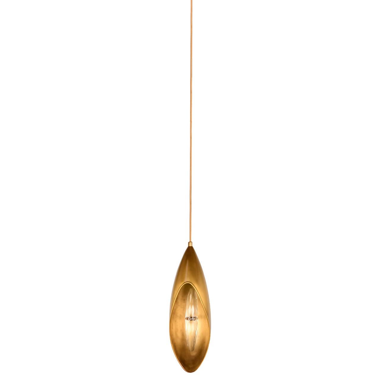 The Lilly Pendant Light combina la belleza de la naturaleza con la elegancia minimalista, capturando a la perfección la esencia de una flor de lis. Fabricada en latón texturizado y cristal, esta lámpara colgante crea un efecto visual hipnotizador,