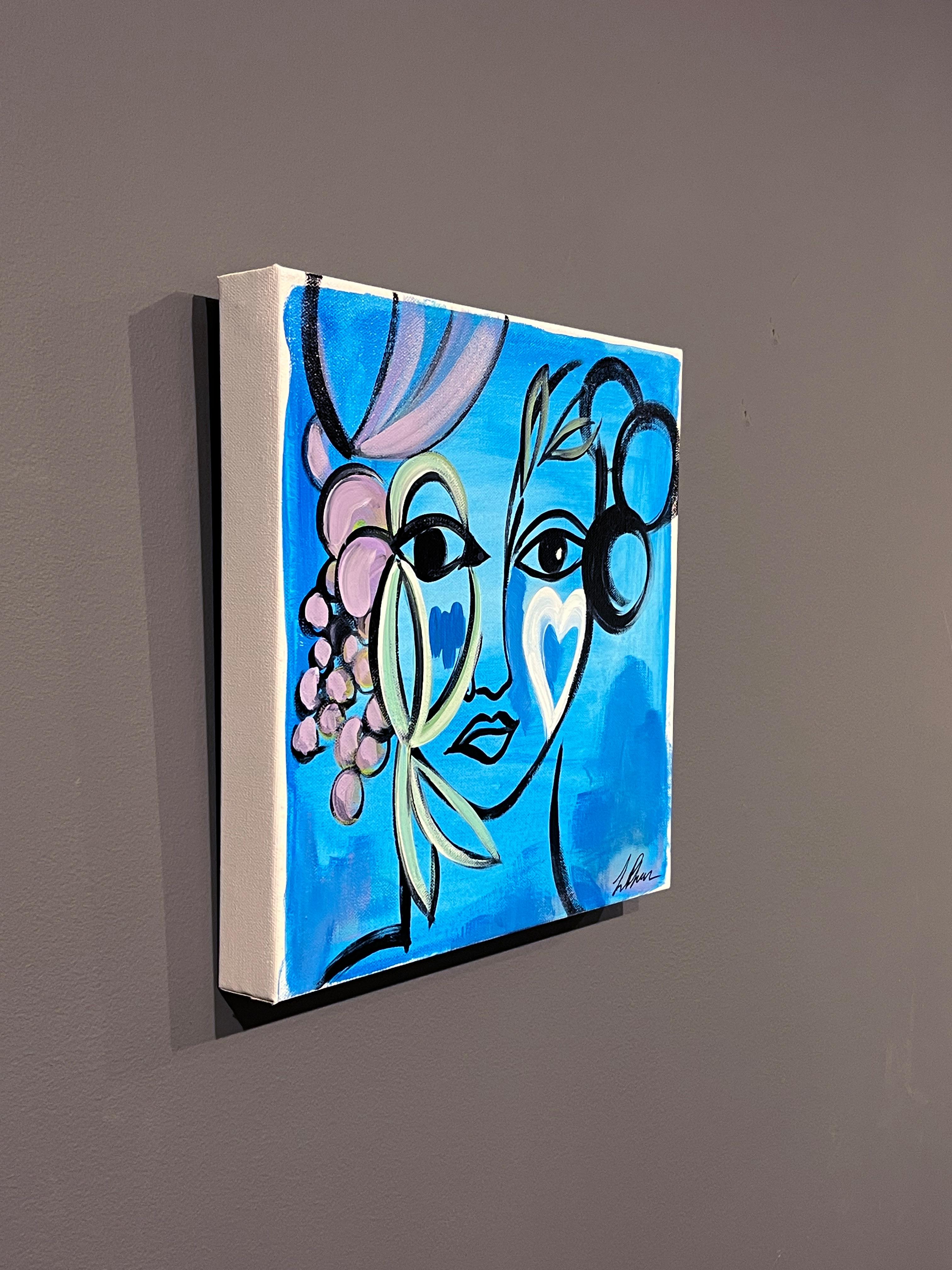 Lily Phan, „Blau“, 12x12, Expressionelles Frauengesicht und Vogelherz-Gemälde auf Leinwand im Angebot 1
