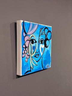 Lily Phan, "Blue", 12x12 Expressive Woman Face Bird Heart Painting on Canvas