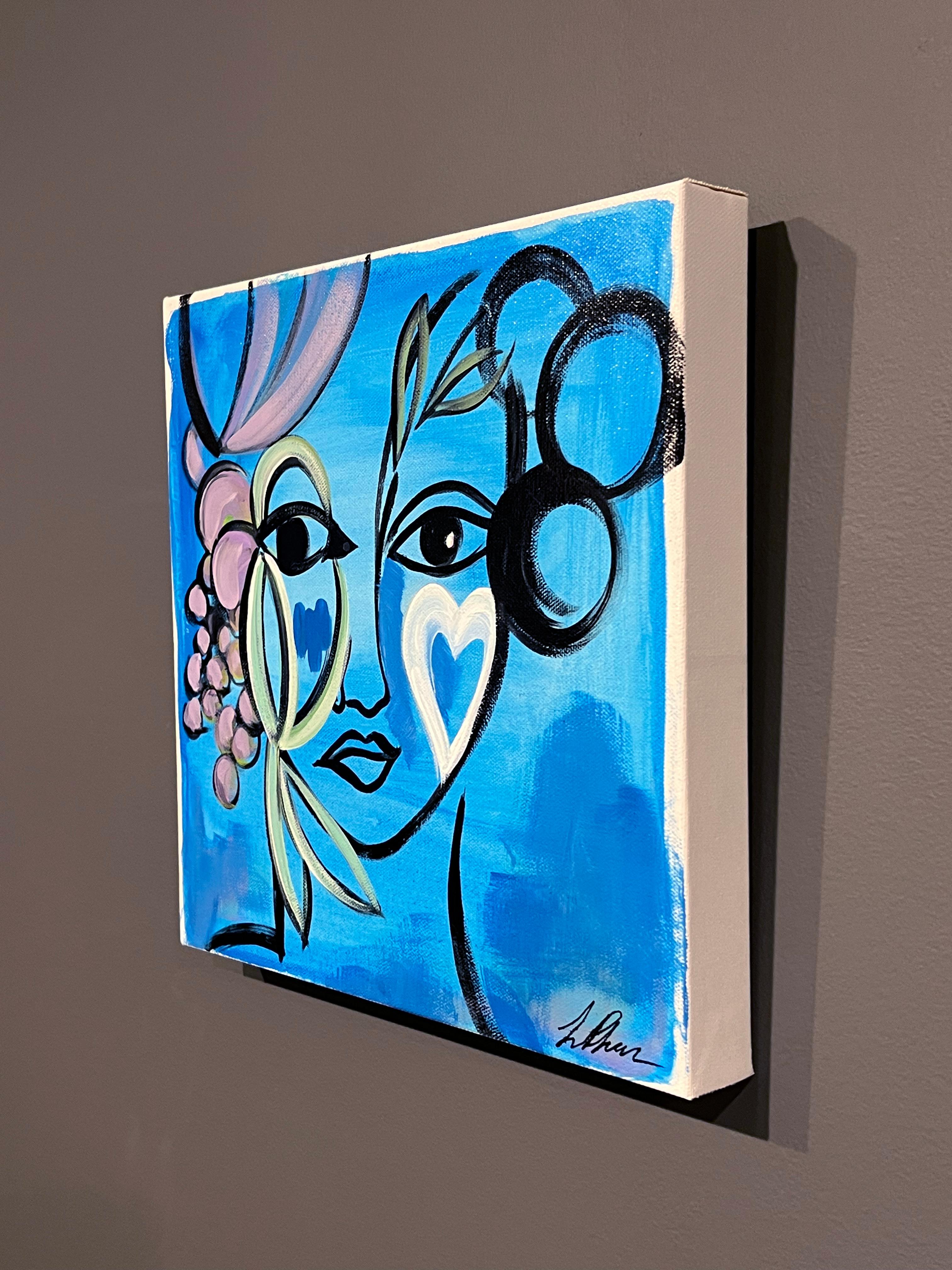 Lily Phan, „Blau“, 12x12, Expressionelles Frauengesicht und Vogelherz-Gemälde auf Leinwand im Angebot 2