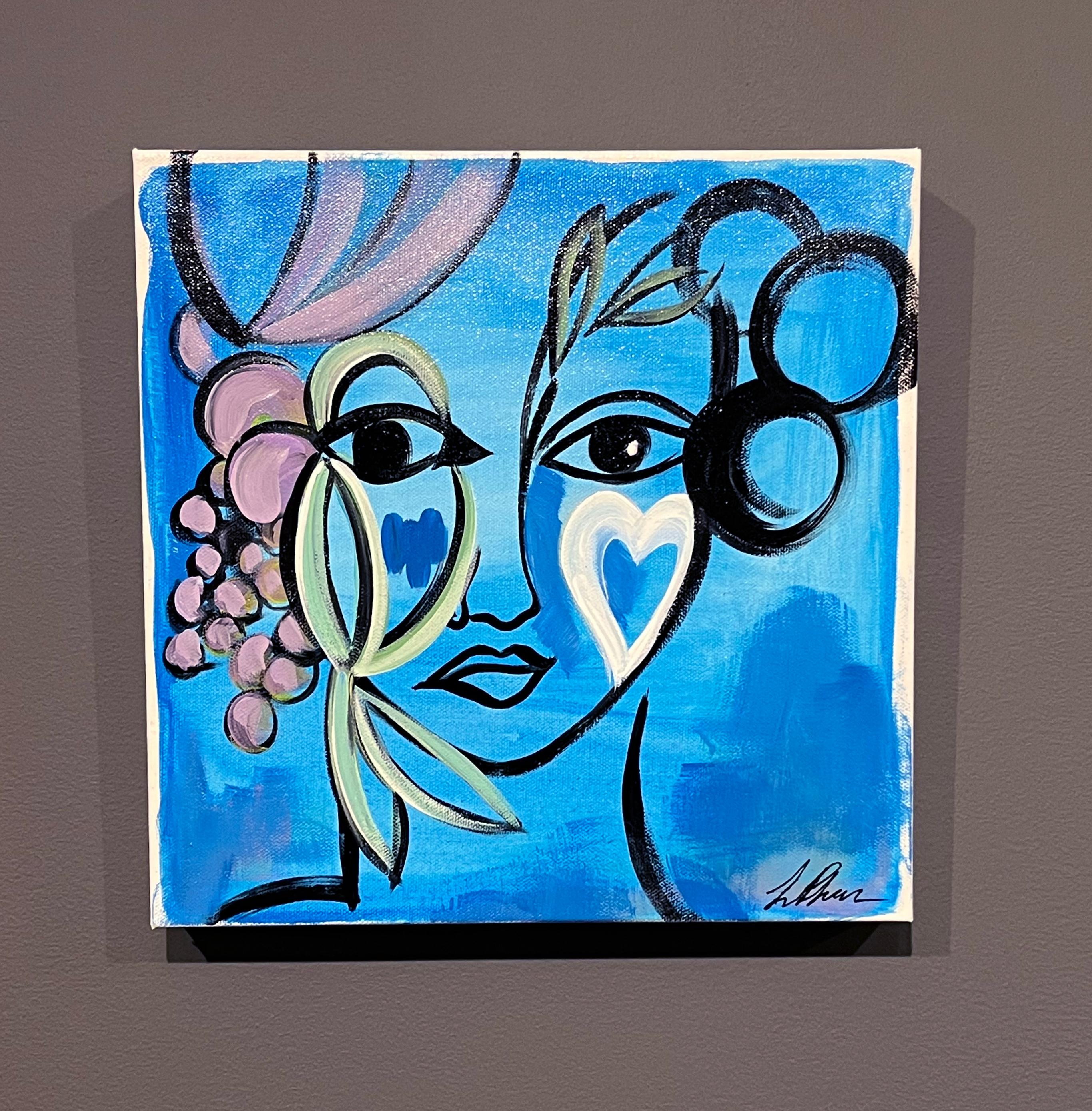 Lily Phan, „Blau“, 12x12, Expressionelles Frauengesicht und Vogelherz-Gemälde auf Leinwand im Angebot 3