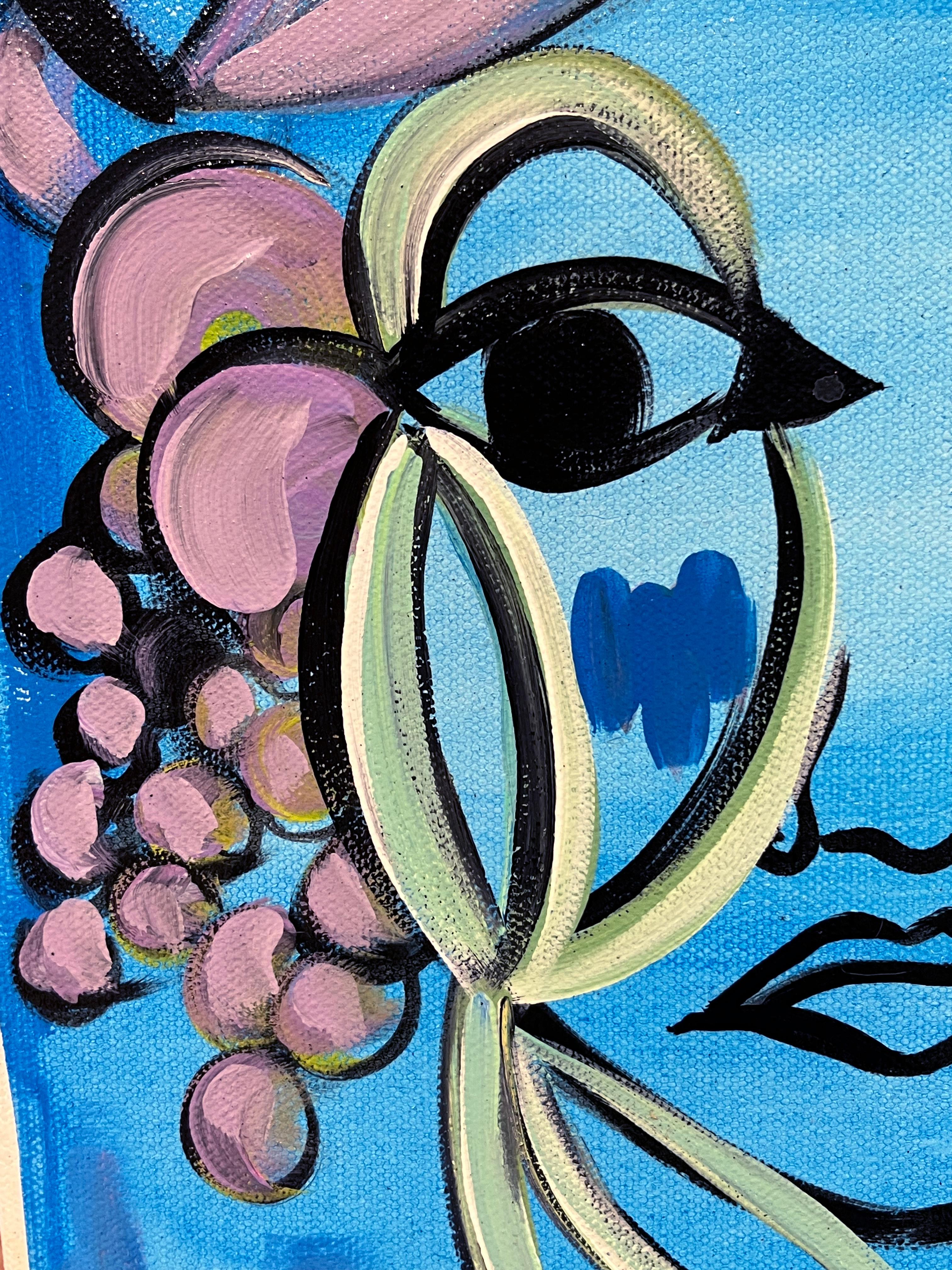 Lily Phan, „Blau“, 12x12, Expressionelles Frauengesicht und Vogelherz-Gemälde auf Leinwand im Angebot 5
