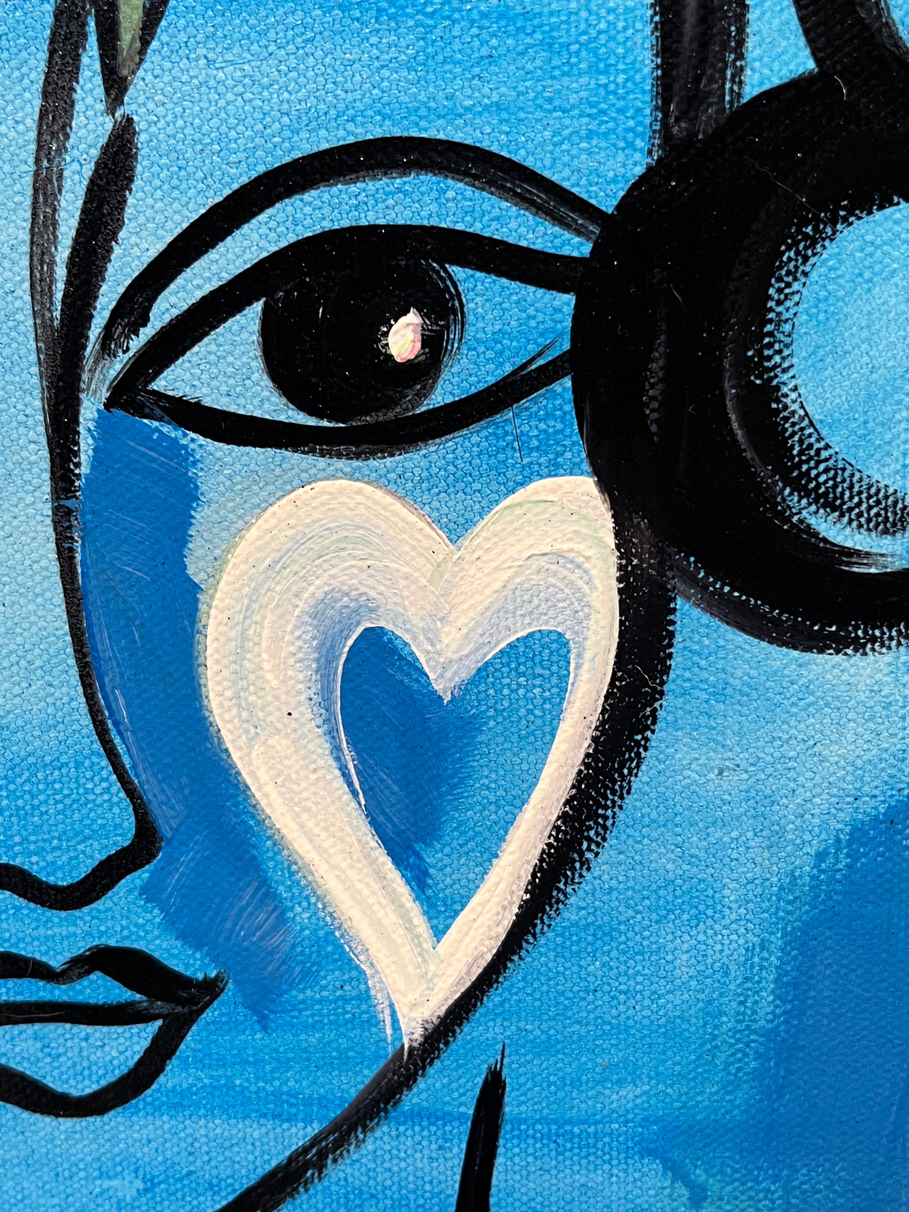 Lily Phan, „Blau“, 12x12, Expressionelles Frauengesicht und Vogelherz-Gemälde auf Leinwand im Angebot 6