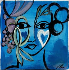 Lily Phan, "Blue", 12x12 Expressive Woman Face Bird Heart Painting on Canvas
