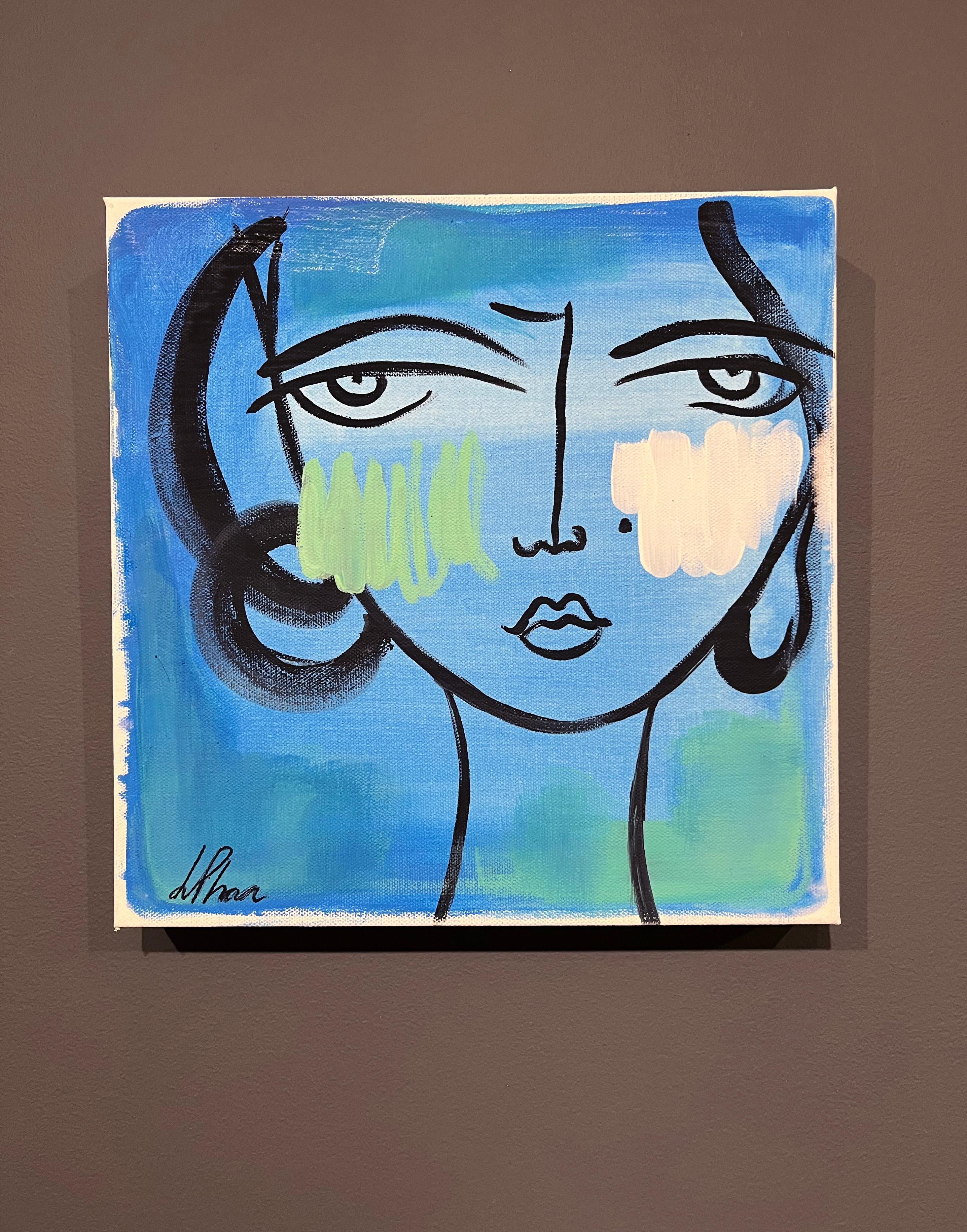 Lily Phan, „Cyan“, 12x12, Expressionelles lebhaftes blaues Frauengesichtsgemälde auf Leinwand im Angebot 1