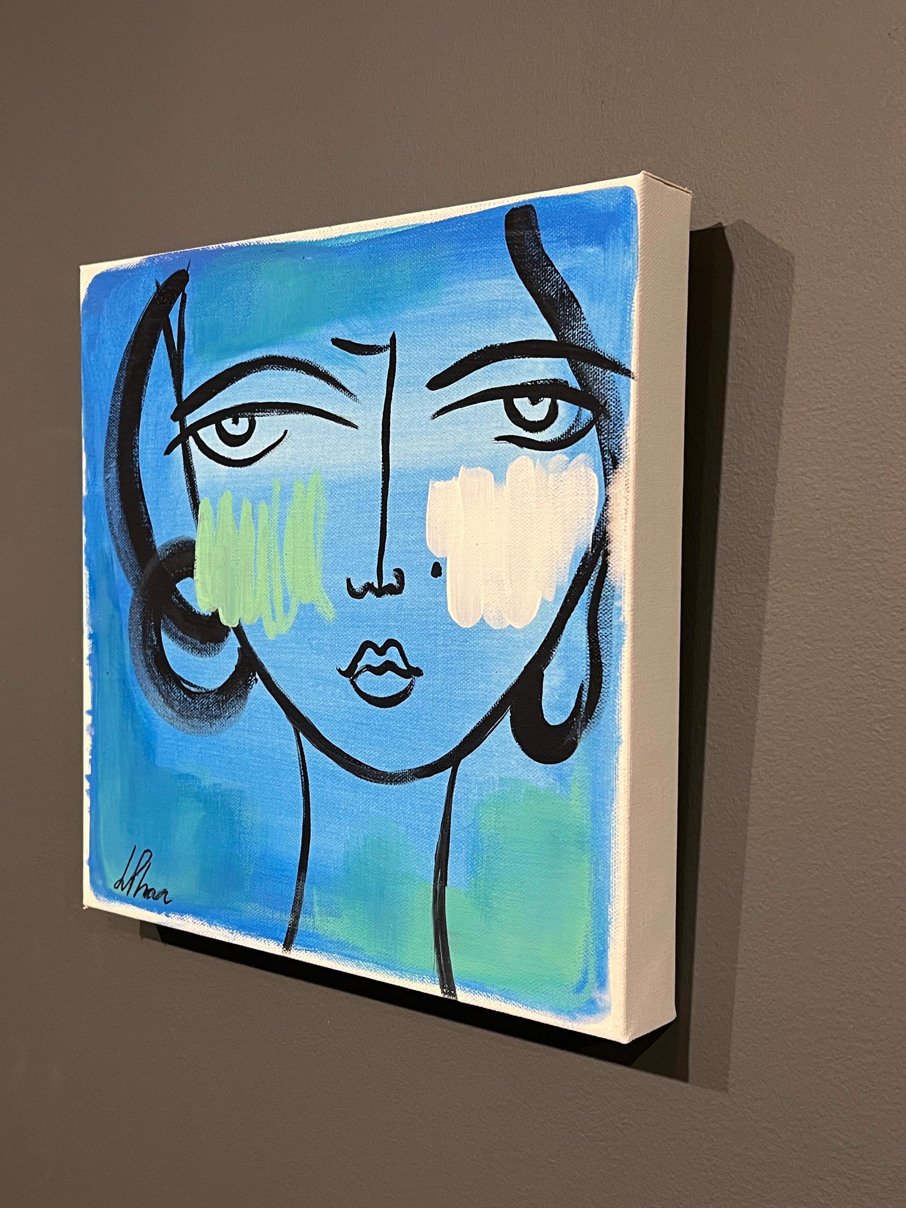 Lily Phan, „Cyan“, 12x12, Expressionelles lebhaftes blaues Frauengesichtsgemälde auf Leinwand im Angebot 2