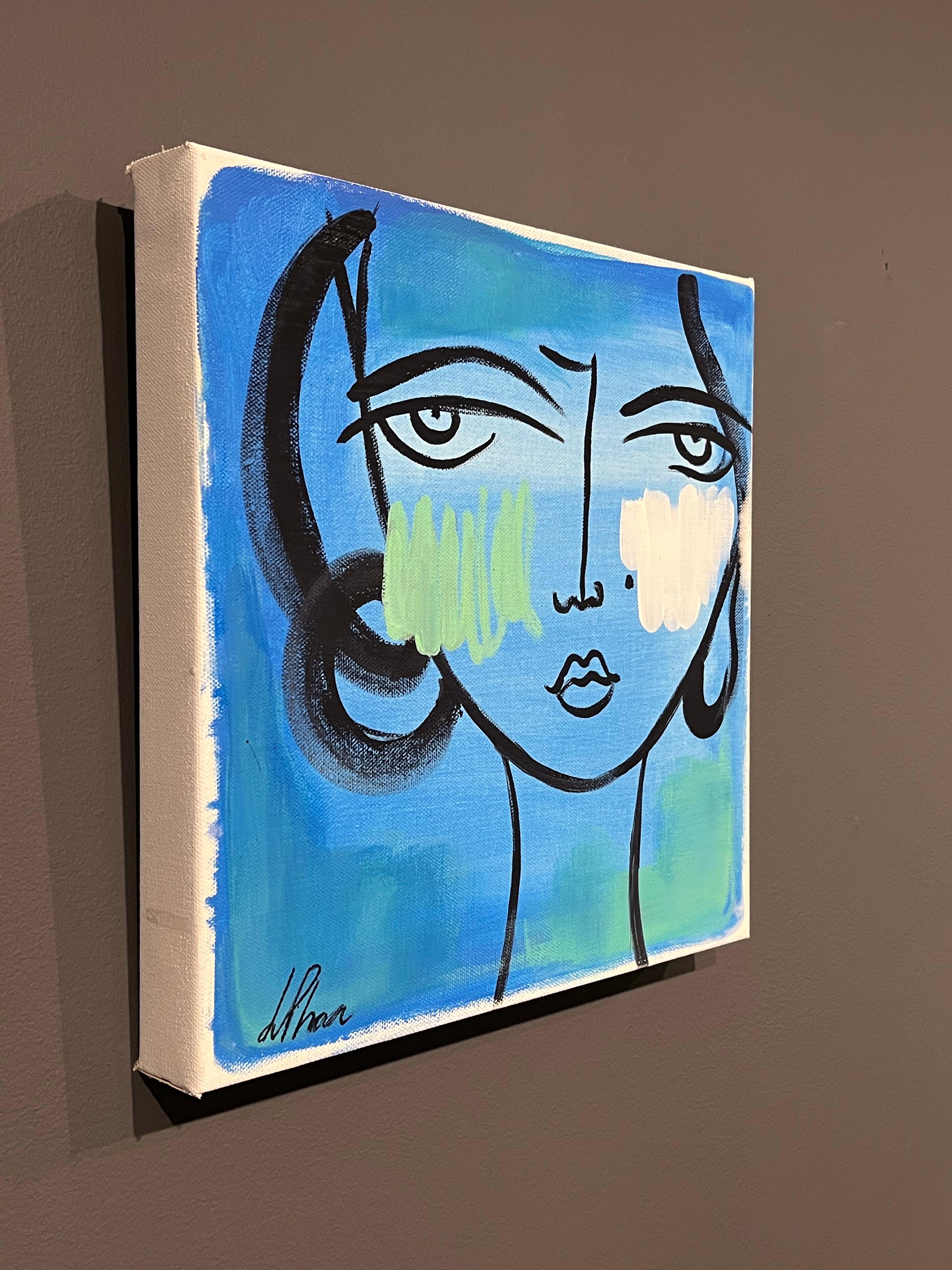 Lily Phan, „Cyan“, 12x12, Expressionelles lebhaftes blaues Frauengesichtsgemälde auf Leinwand im Angebot 3