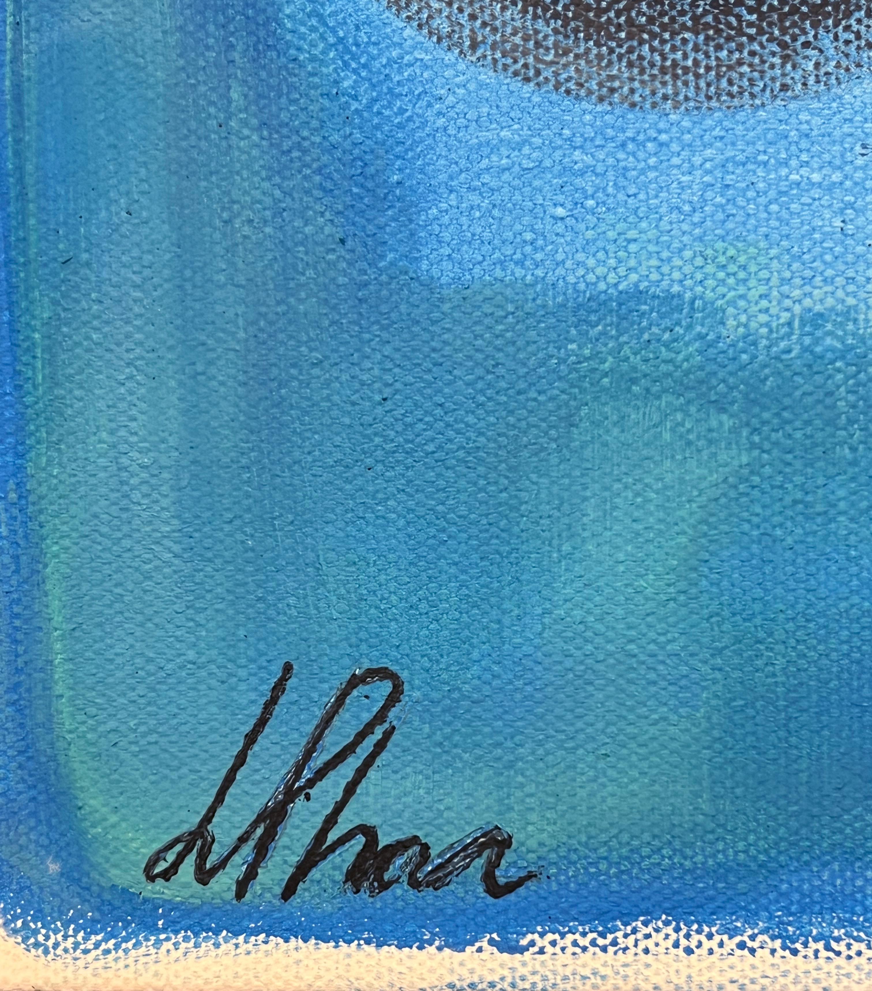 Lily Phan, „Cyan“, 12x12, Expressionelles lebhaftes blaues Frauengesichtsgemälde auf Leinwand im Angebot 4