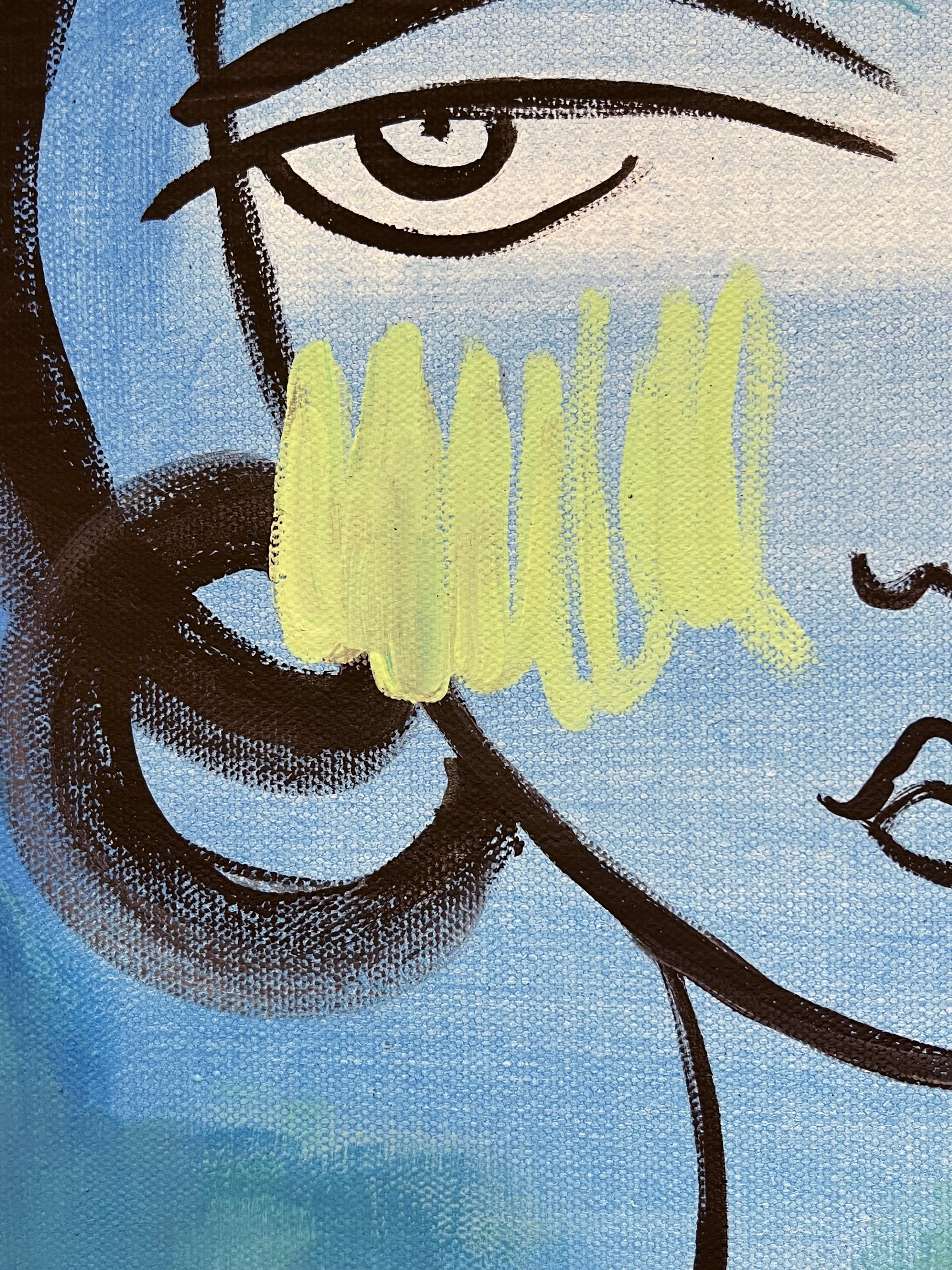 Lily Phan, „Cyan“, 12x12, Expressionelles lebhaftes blaues Frauengesichtsgemälde auf Leinwand im Angebot 6