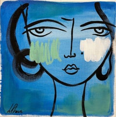 Lily Phan, "Cyan", 12x12 Expresiva Pintura Facial de Mujer Azul Vibrante sobre Lienzo