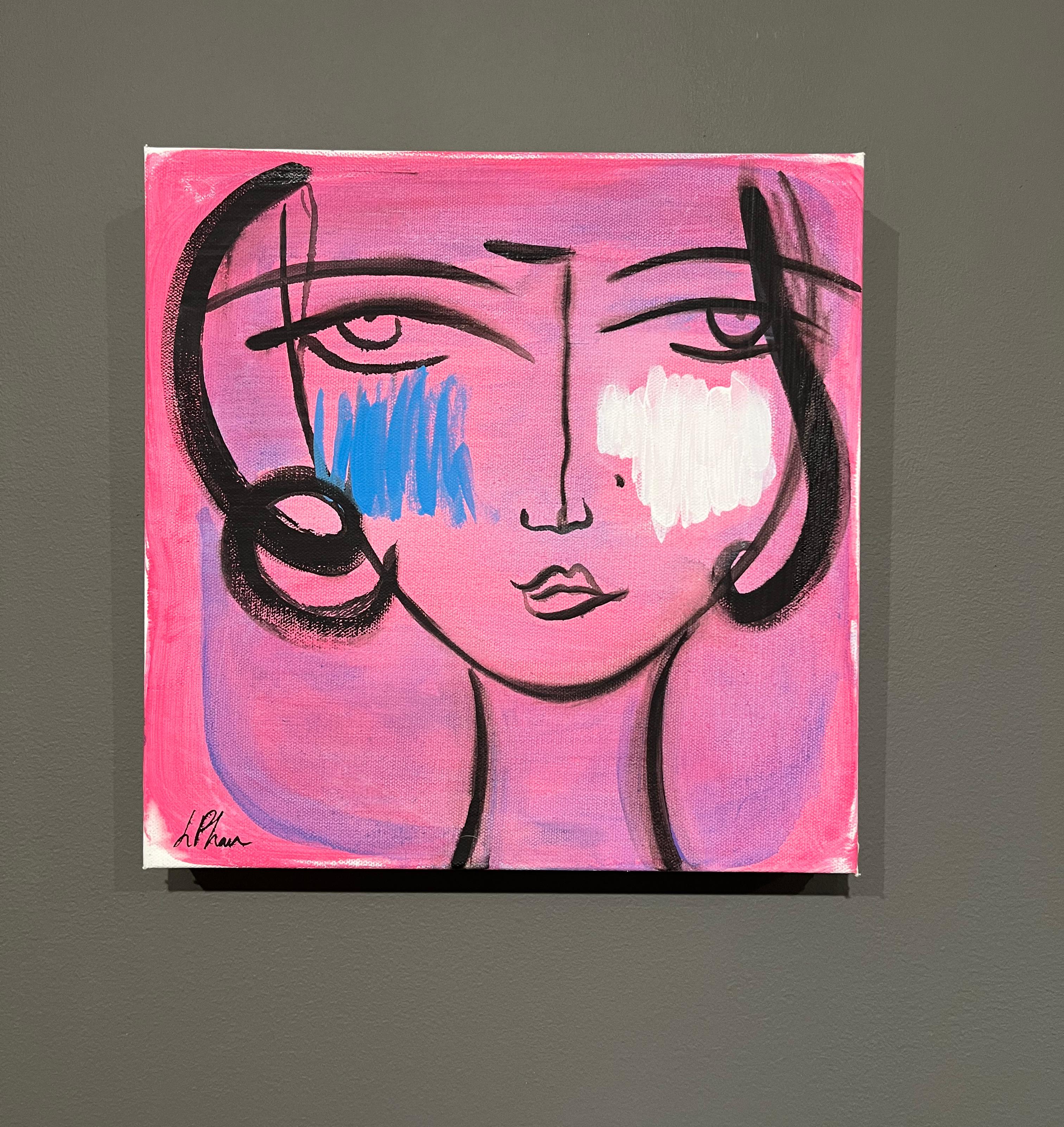 Lily Phan, „Rosa“, 12x12, Expressionelles, lebhaftes, lebhaftes Frauengesicht, Gemälde auf Leinwand im Angebot 1