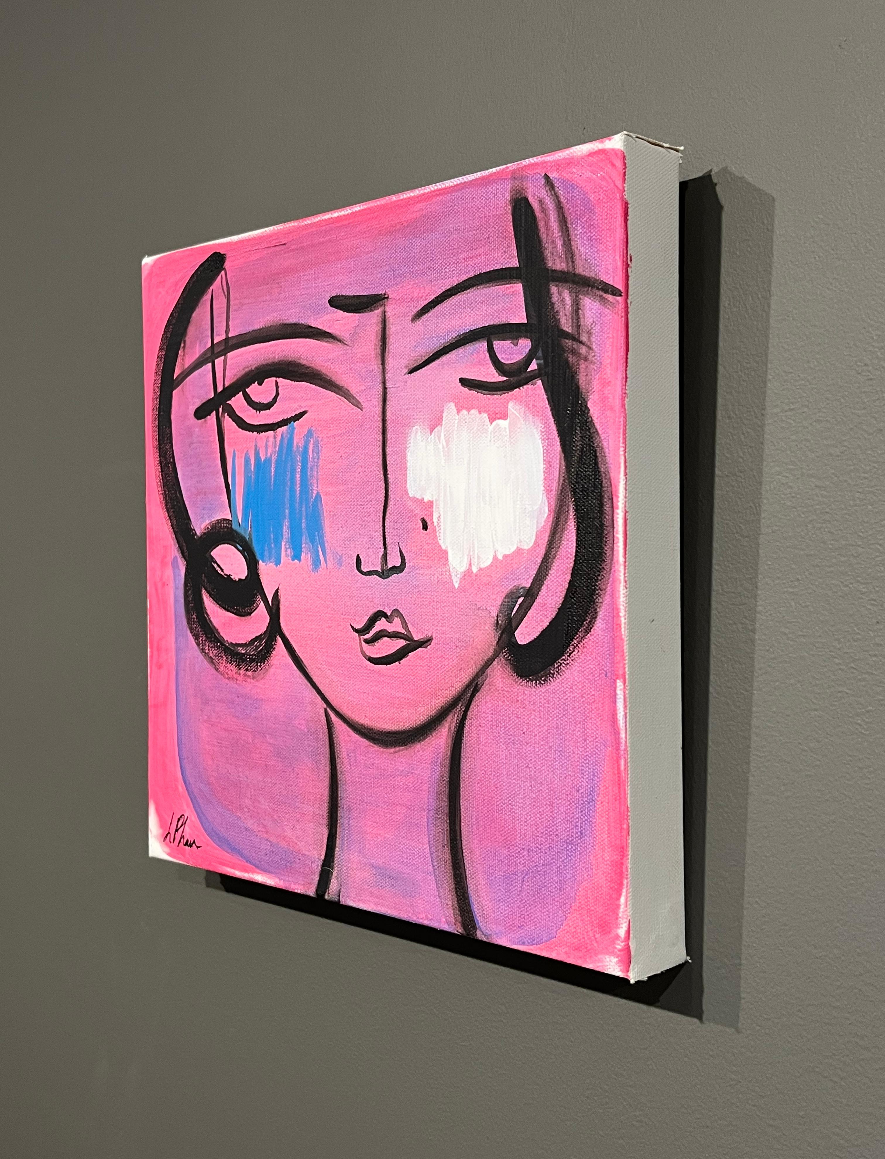 Lily Phan, „Rosa“, 12x12, Expressionelles, lebhaftes, lebhaftes Frauengesicht, Gemälde auf Leinwand im Angebot 2