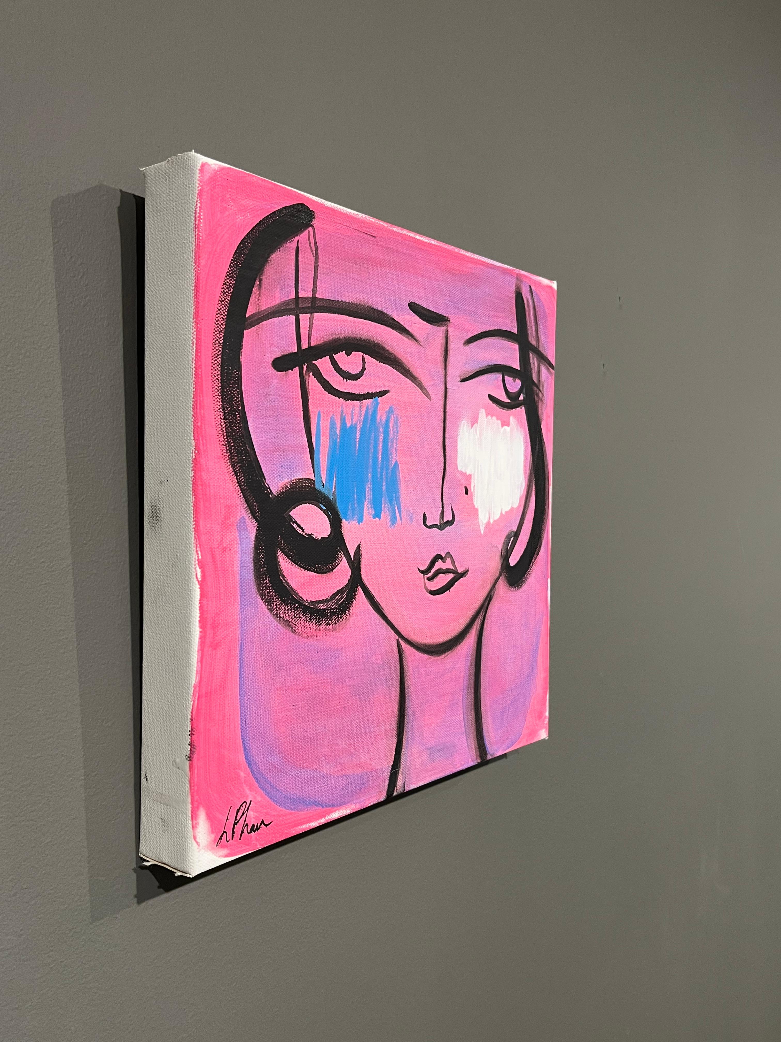 Lily Phan, „Rosa“, 12x12, Expressionelles, lebhaftes, lebhaftes Frauengesicht, Gemälde auf Leinwand im Angebot 3