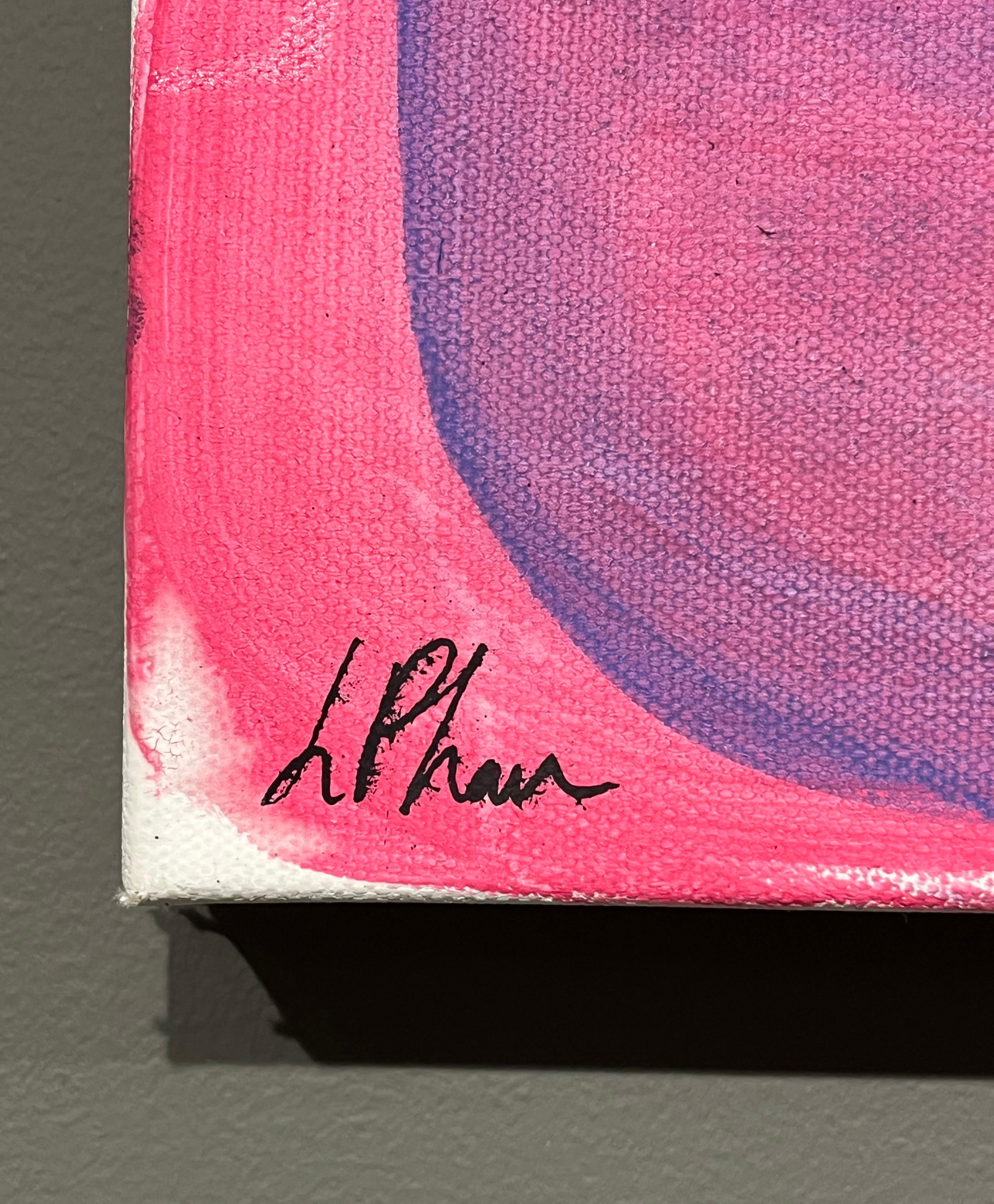 Lily Phan, „Rosa“, 12x12, Expressionelles, lebhaftes, lebhaftes Frauengesicht, Gemälde auf Leinwand im Angebot 4