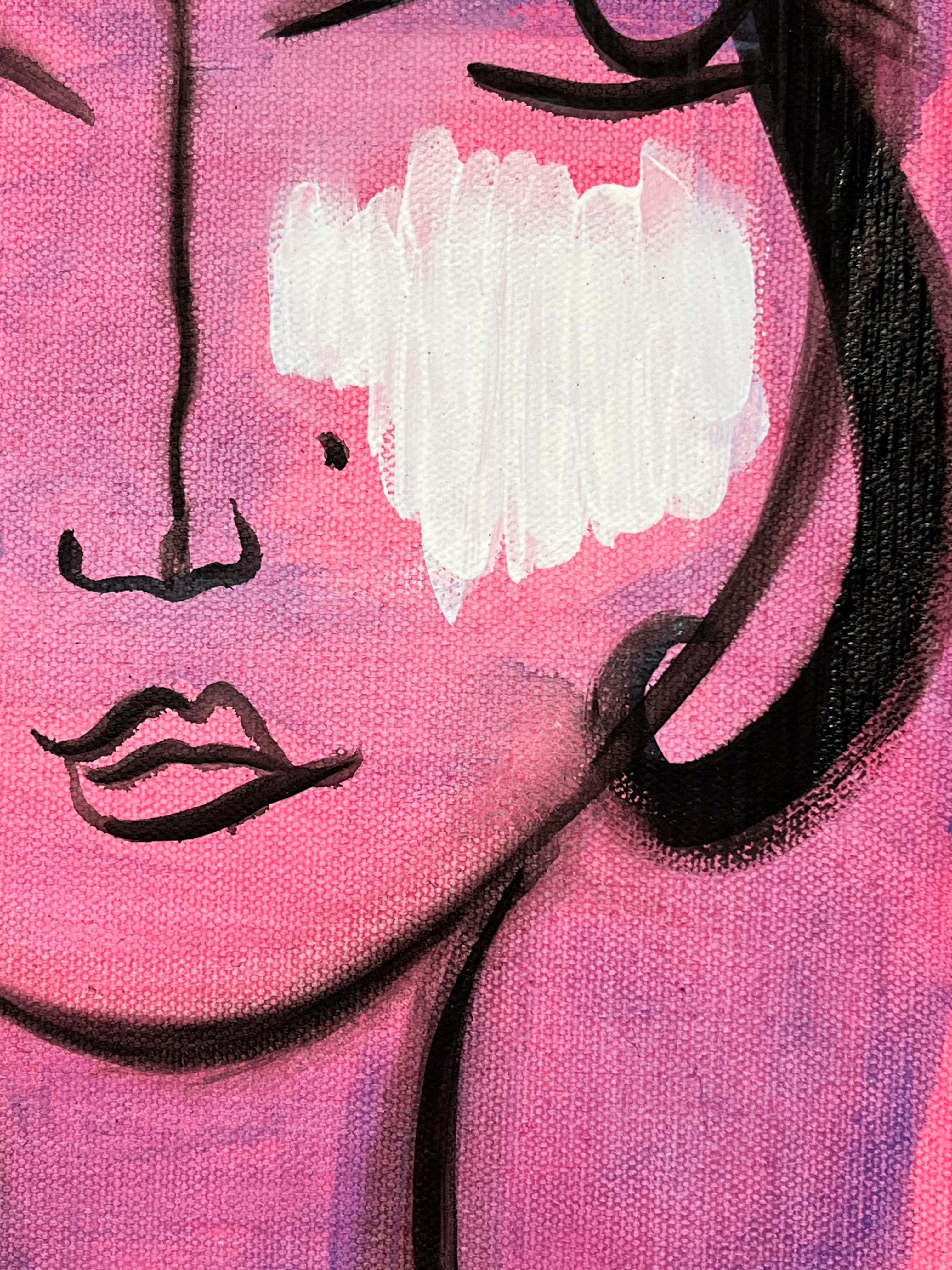 Lily Phan, „Rosa“, 12x12, Expressionelles, lebhaftes, lebhaftes Frauengesicht, Gemälde auf Leinwand im Angebot 5