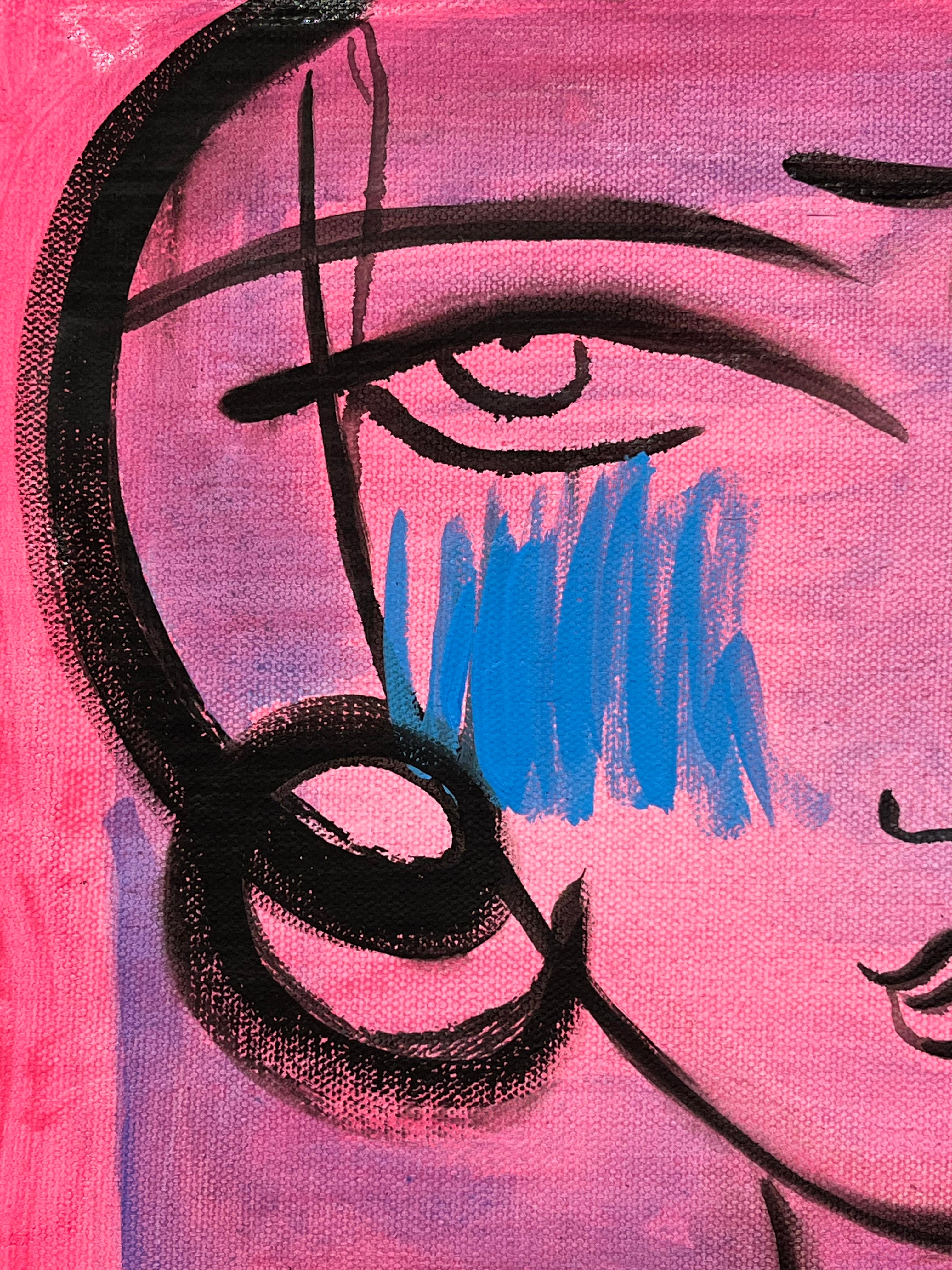 Lily Phan, „Rosa“, 12x12, Expressionelles, lebhaftes, lebhaftes Frauengesicht, Gemälde auf Leinwand im Angebot 6