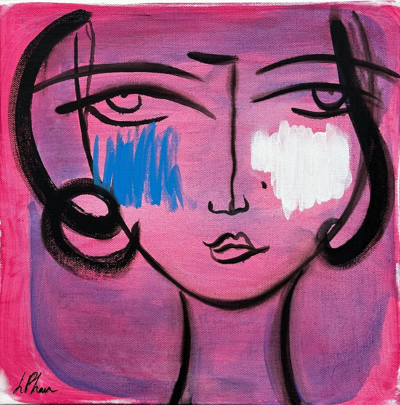 Lily Phan, "Rosa", pittura su tela 12x12 di un volto di donna espressivo e vibrante
