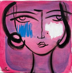 Lily Phan, "Rosa", 12x12 Pintura facial de mujer vibrante y expresiva sobre lienzo