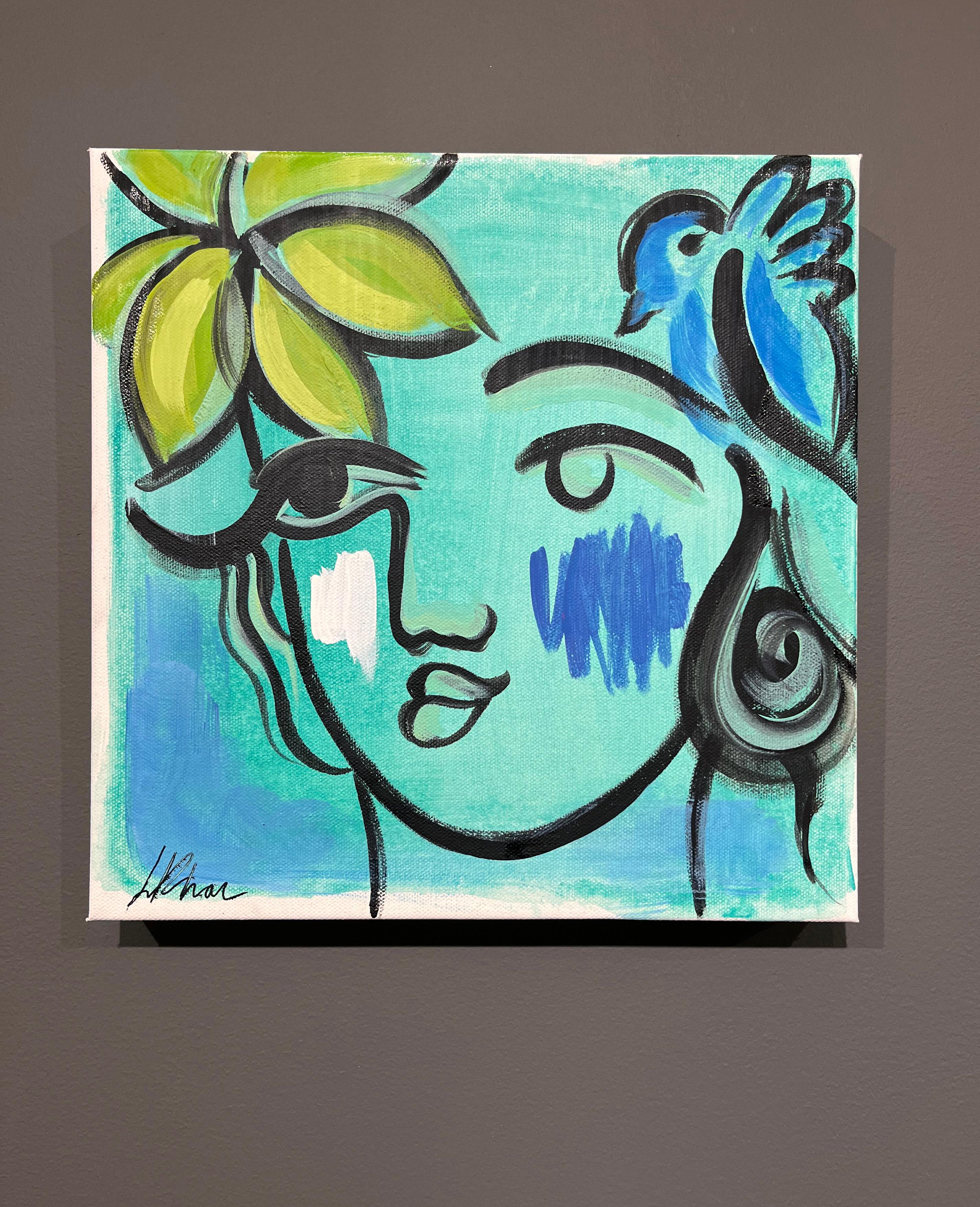 Lily Phan „Seafoam“ 12x12 Expressionistisches, lebhaftes Porträtgemälde einer lebhaften Frau auf Leinwand im Angebot 1