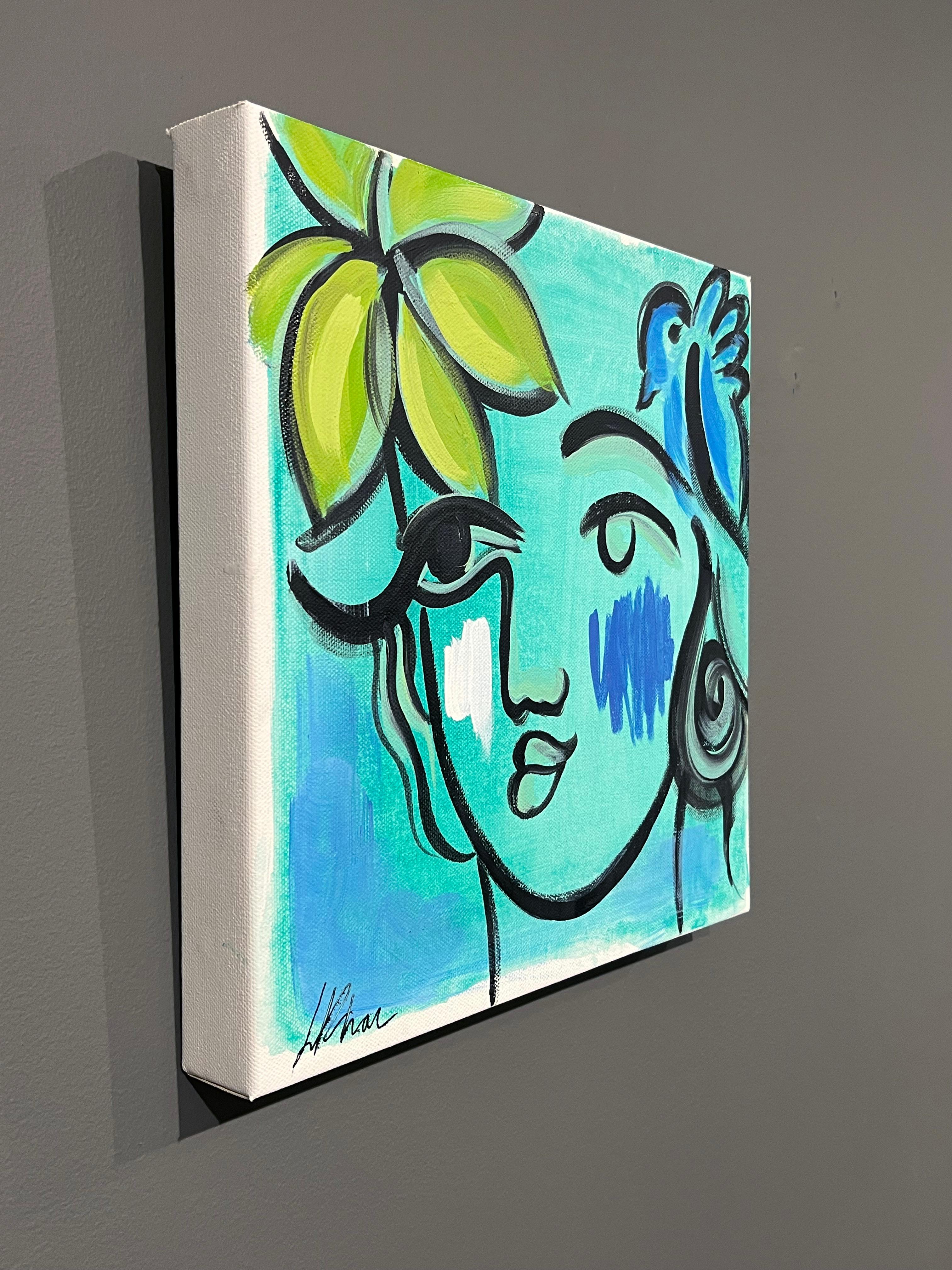 Lily Phan „Seafoam“ 12x12 Expressionistisches, lebhaftes Porträtgemälde einer lebhaften Frau auf Leinwand im Angebot 2