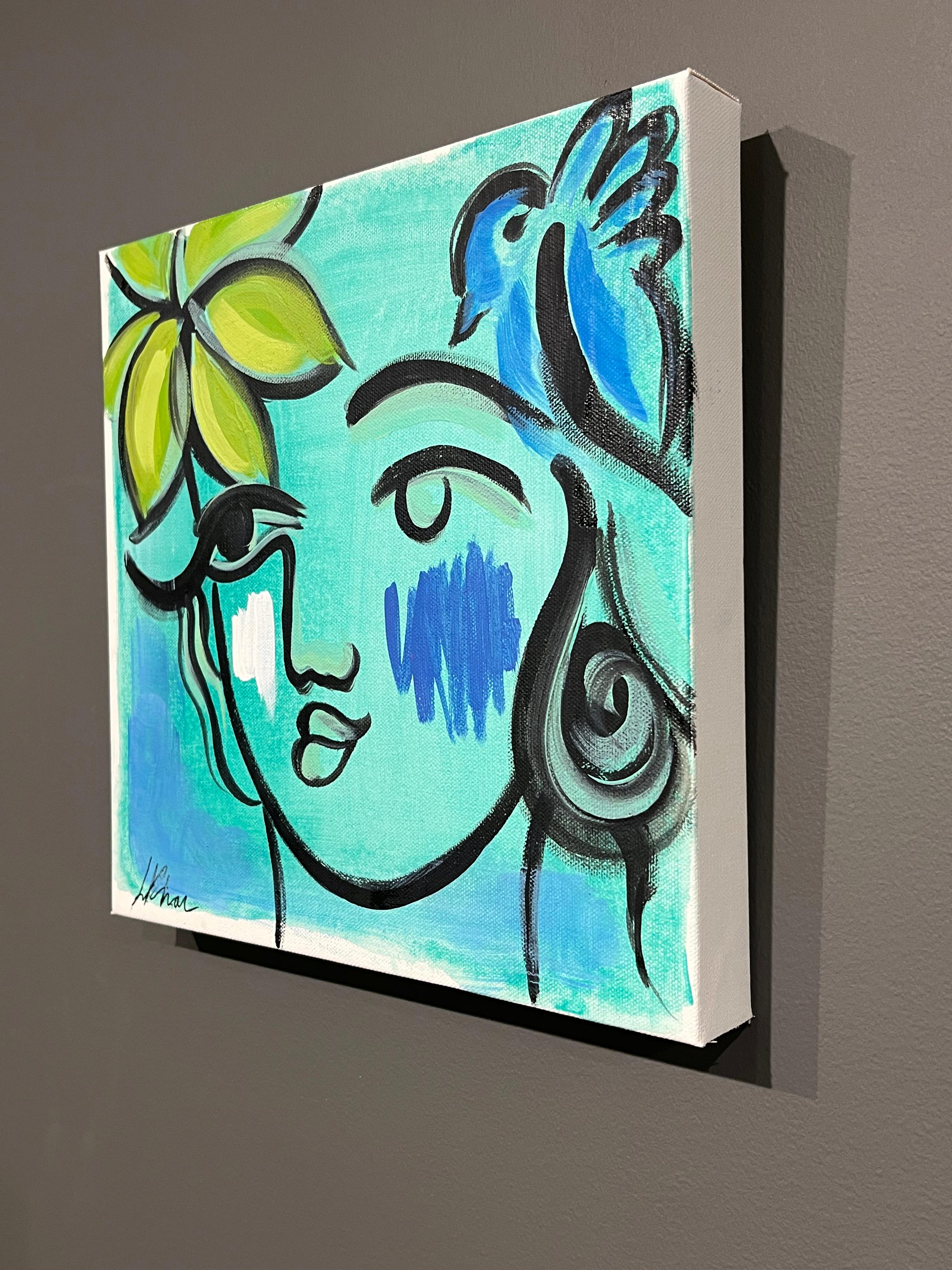 Lily Phan „Seafoam“ 12x12 Expressionistisches, lebhaftes Porträtgemälde einer lebhaften Frau auf Leinwand im Angebot 3