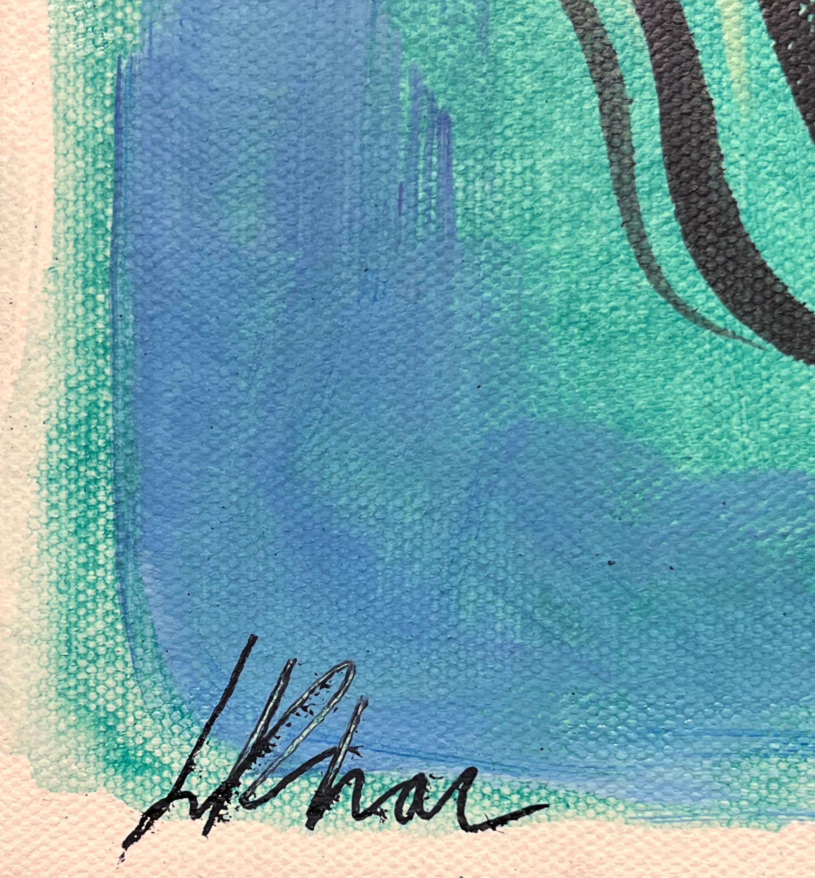 Lily Phan „Seafoam“ 12x12 Expressionistisches, lebhaftes Porträtgemälde einer lebhaften Frau auf Leinwand im Angebot 4