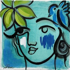 Lily Phan "Seafoam" 12x12 Expresivo Retrato de Mujer Vibrante Pintura sobre Lienzo