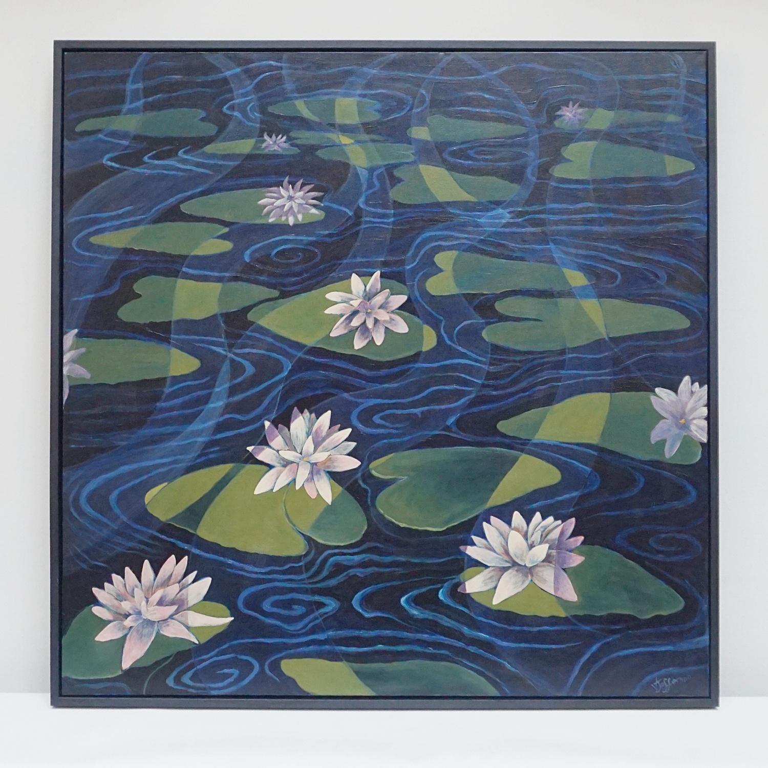 'Lily Pads' An Art Deco style contemporary painting by Vera Jefferson. Oil on canvas, depicting various lily pads dazzling in a deep blue pond. Painted amongst a stylised, abstract background. Signed V Jefferson to lower right. 


Vera Jefferson