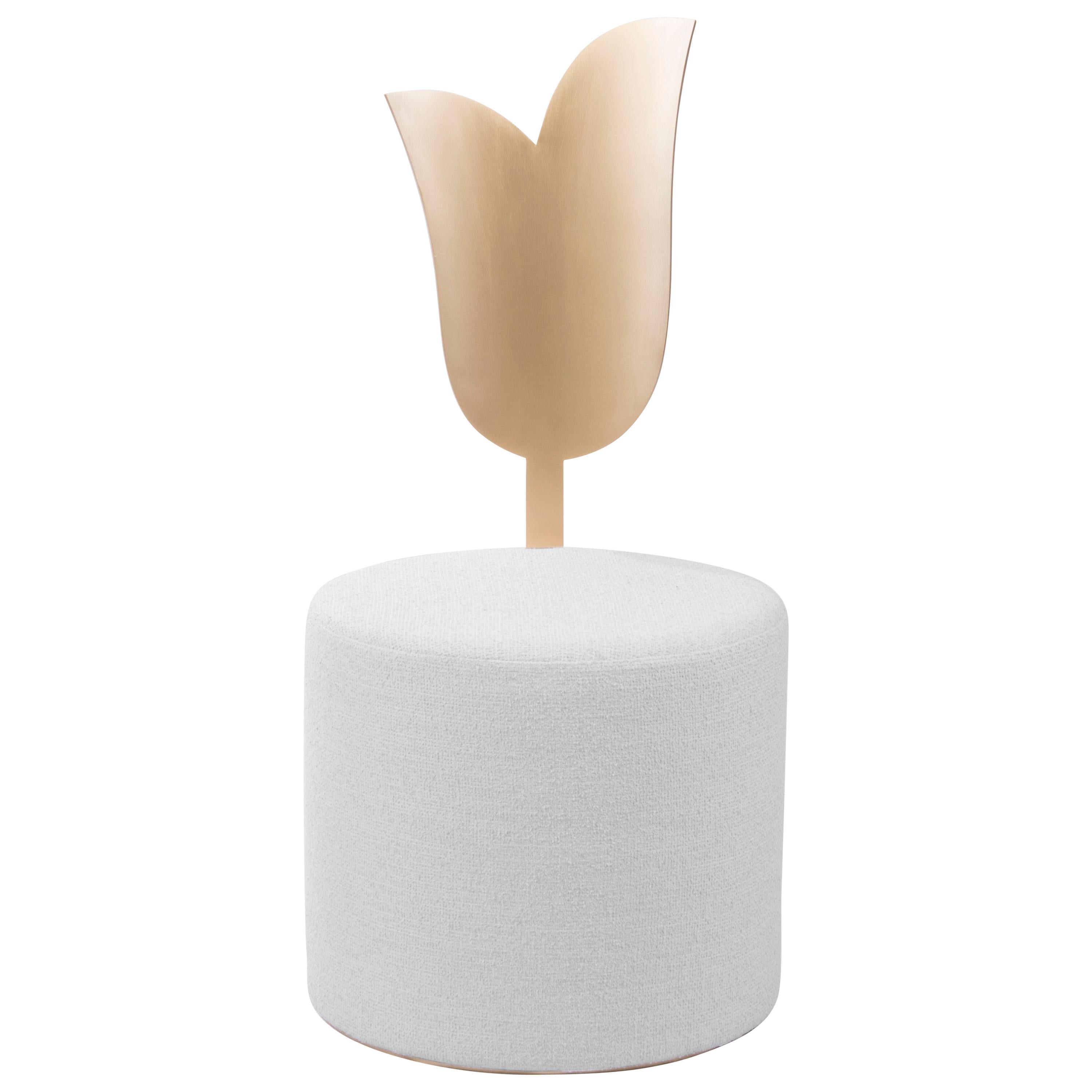 Lily Pouf White from "Giardino Botanico" in Satin Brass Finish and Velvet For Sale