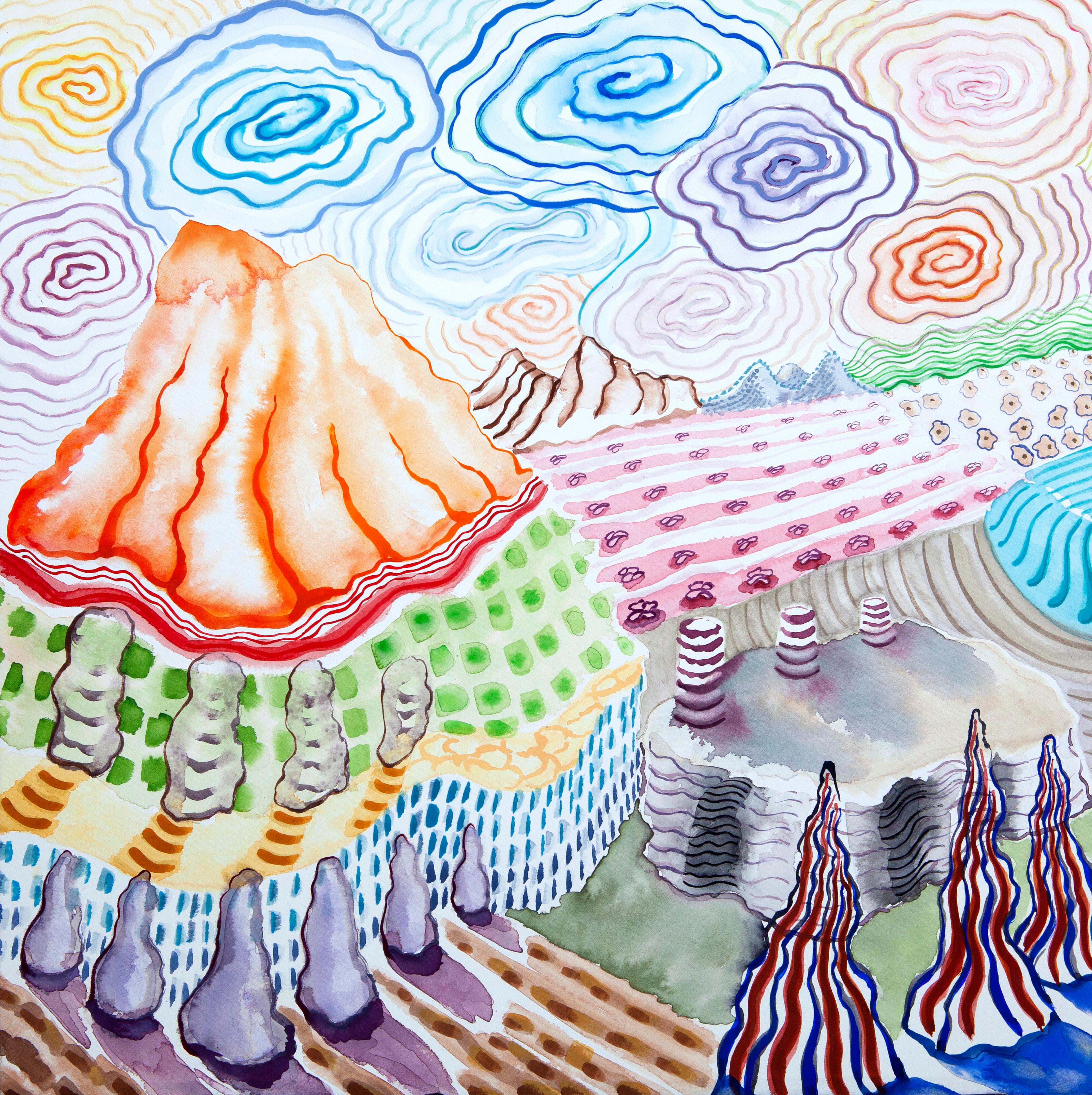 American Beauty, 23, surreal landscape painting on paper, bright patterns