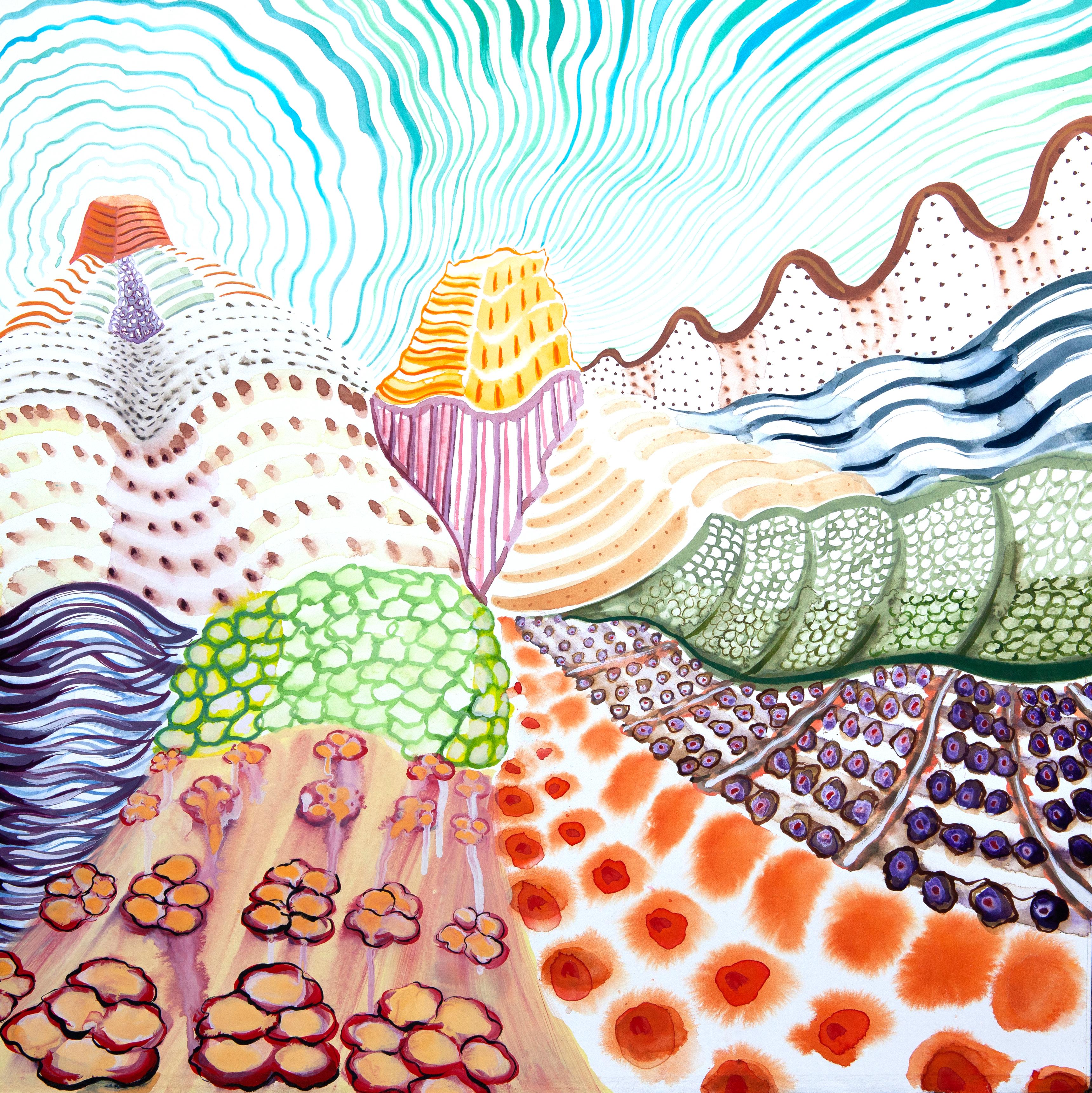 Lily Prince Landscape Painting - American Beauty, 24, surreal landscape painting on paper, bright patterns