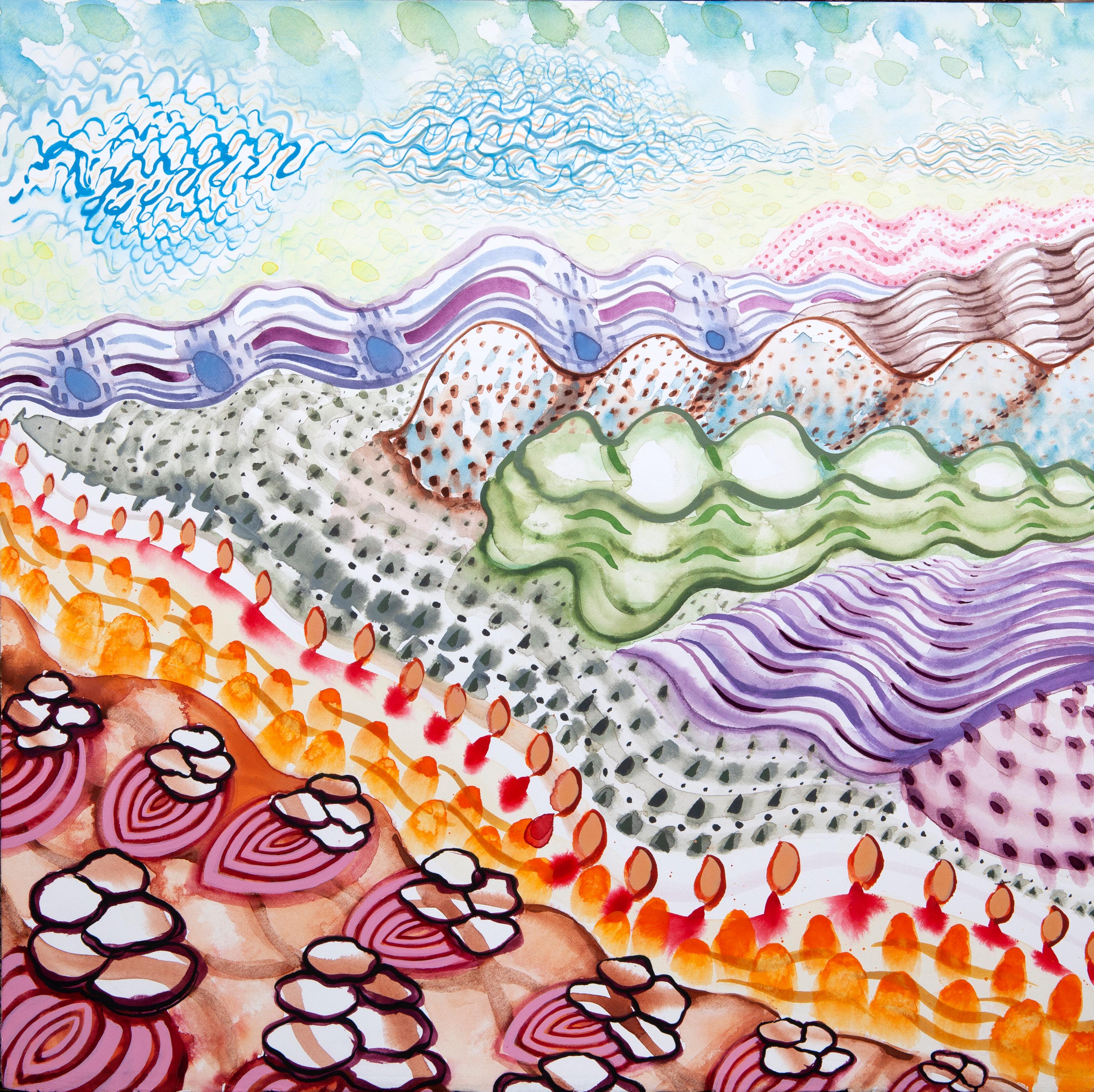 American Beauty, 26, surreal landscape painting on paper, bright patterns