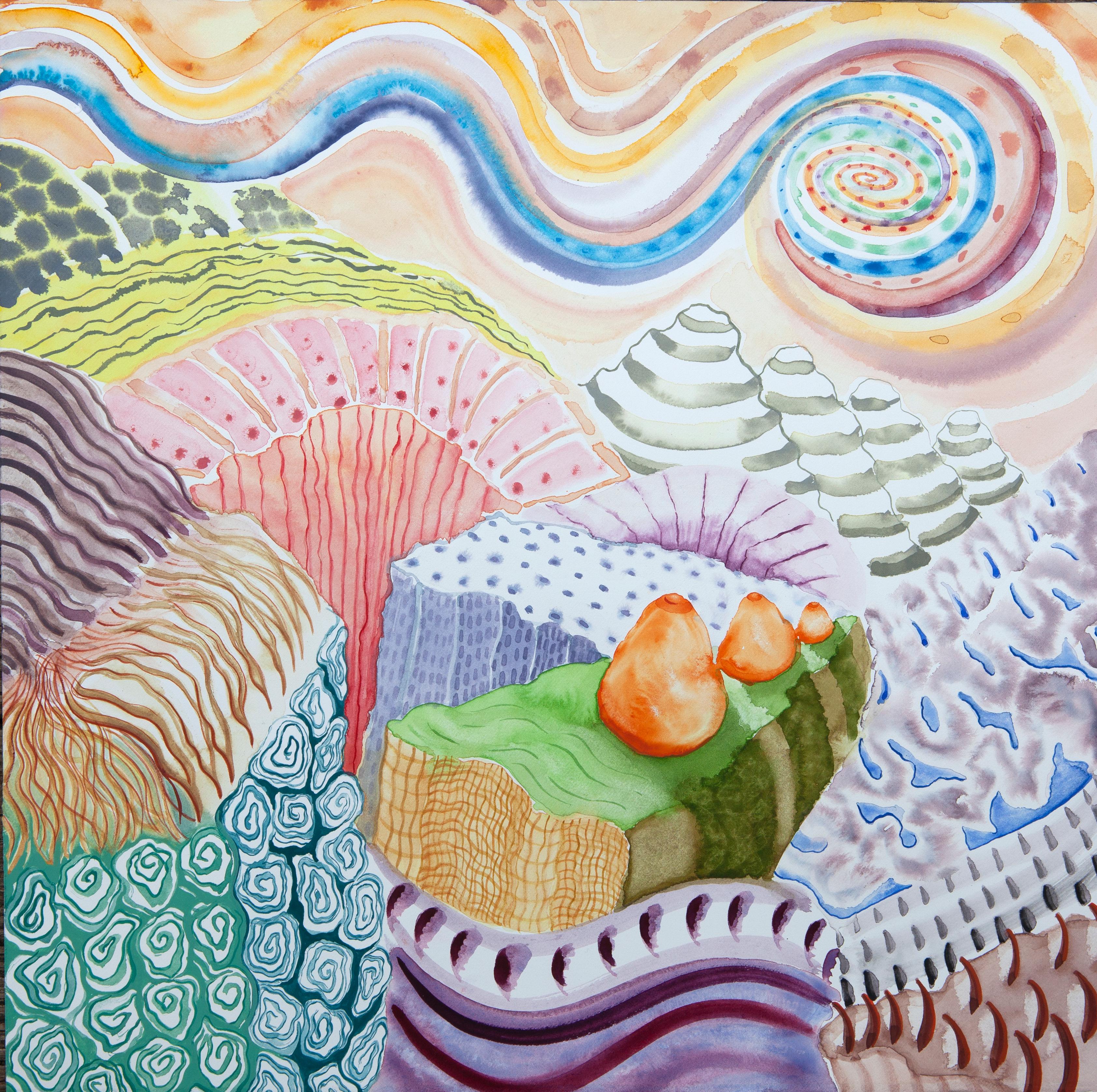 Lily Prince Landscape Painting - American Beauty, 27, surreal landscape painting on paper, bright patterns