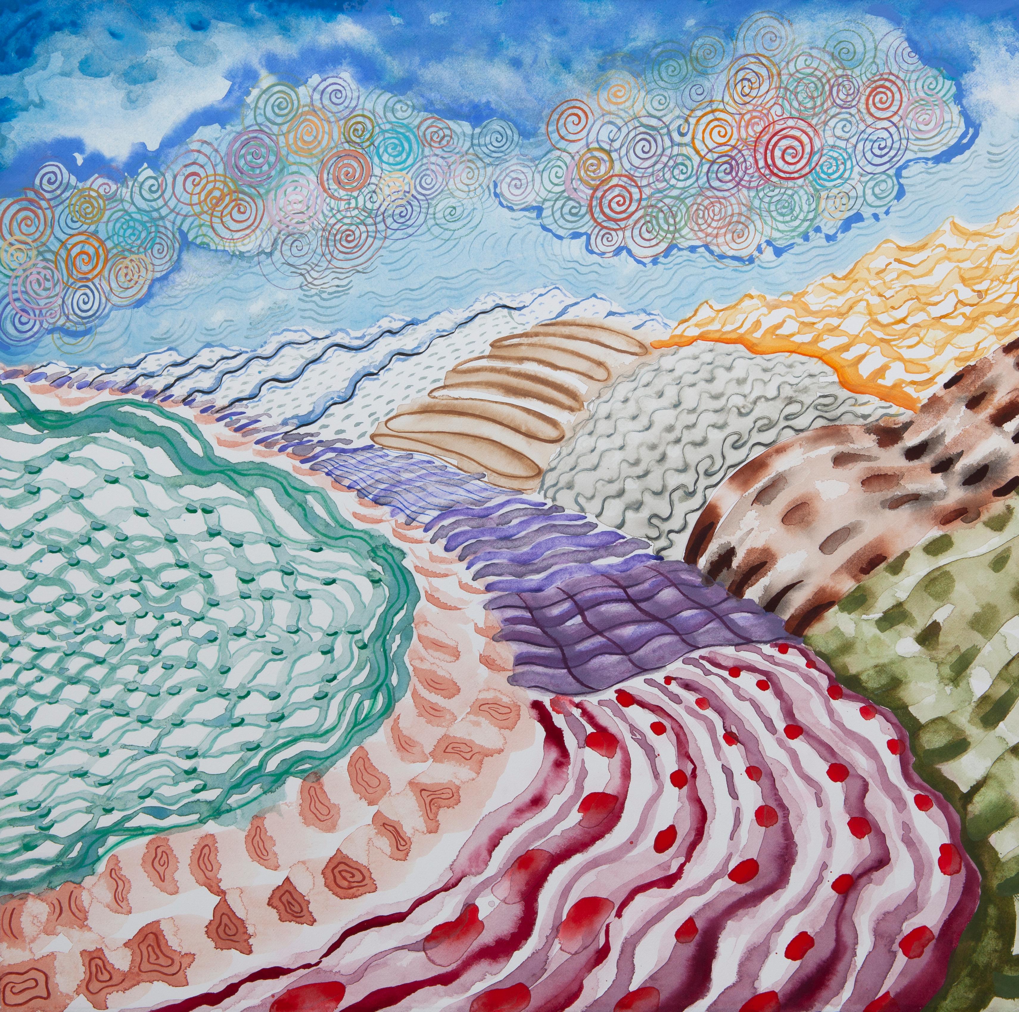 Lily Prince Landscape Painting - American Beauty, 28, surreal landscape painting on paper, bright patterns