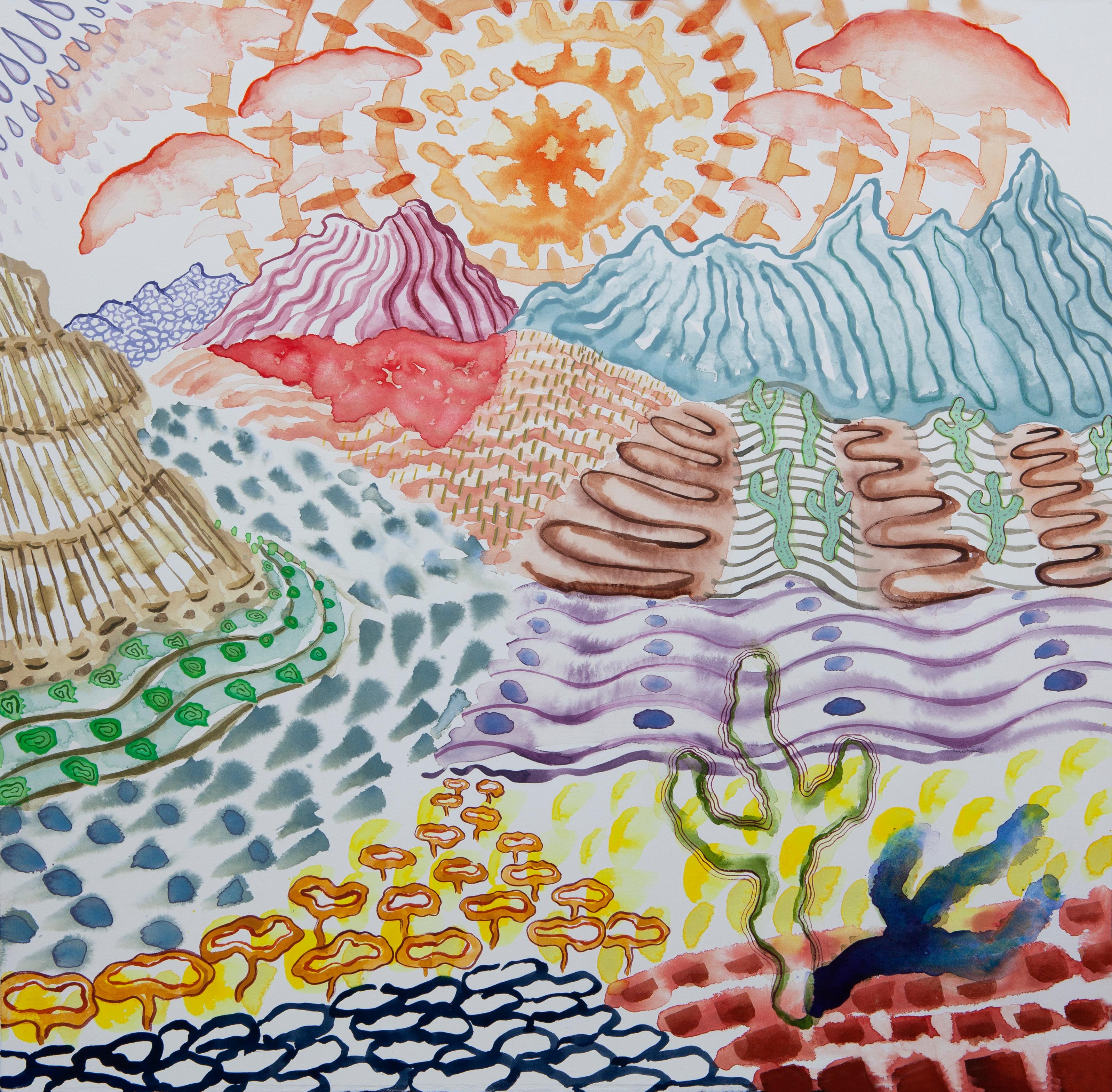Lily Prince - American Beauty, 29, surreal landscape painting on paper,  bright patterns For Sale at 1stDibs