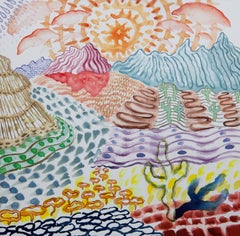 American Beauty, 29, surreal landscape painting on paper, bright patterns