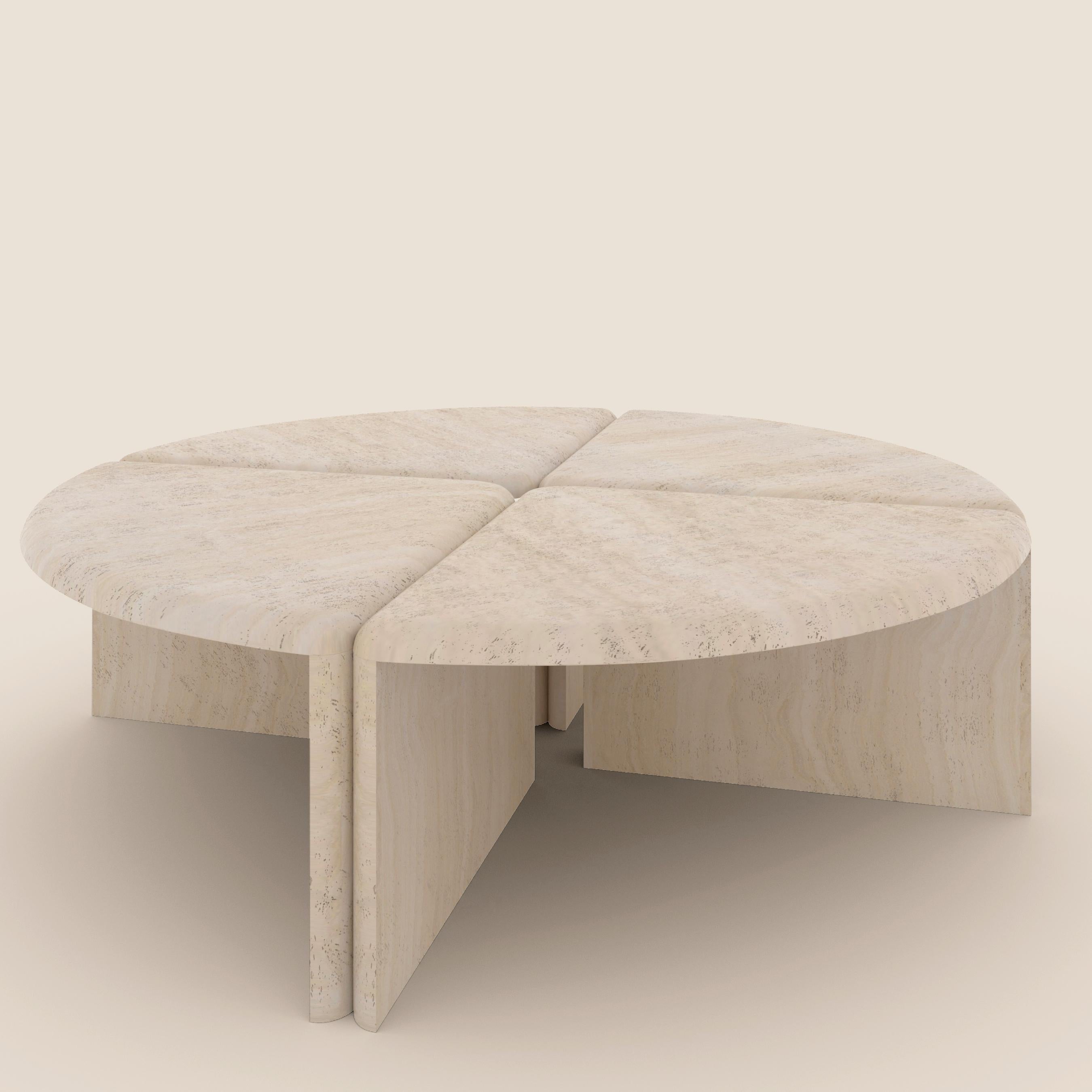 A coffee table handmade out of 30 mm thick honed unfilled Navona Travertine. Inspired by lily pads and their curled edges, it's divided in 4 quarters, with each part's rounded edges juxtaposed to the adjacent parts' edges. Available in any size and
