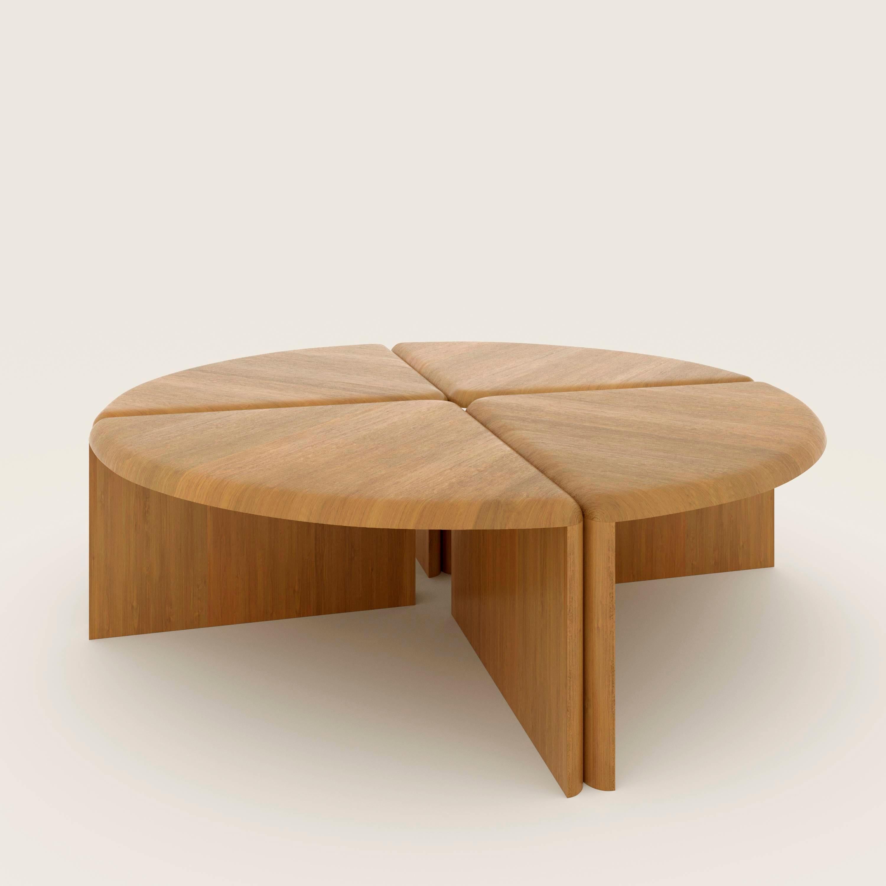 A coffee table handmade out of 30 mm thick solid natural French Oak wood. Inspired by lily pads and their curled edges, it’s divided in 4 quarters, with each part’s rounded edges juxtaposed to the adjacent parts’ edges. Available in any size and