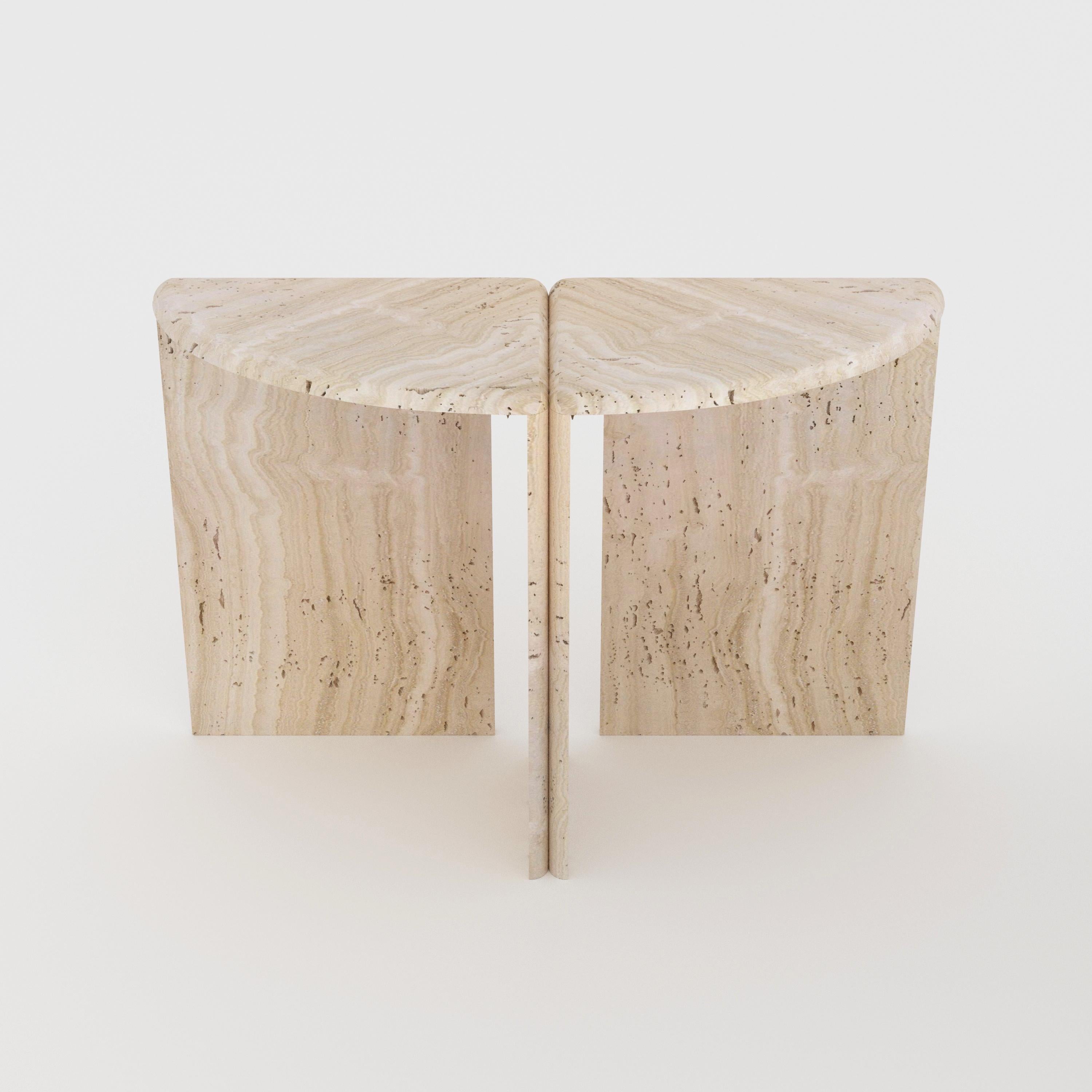Italian Lily Round Console Table in Honed Unfilled Navona Travertine by Fred&Juul For Sale