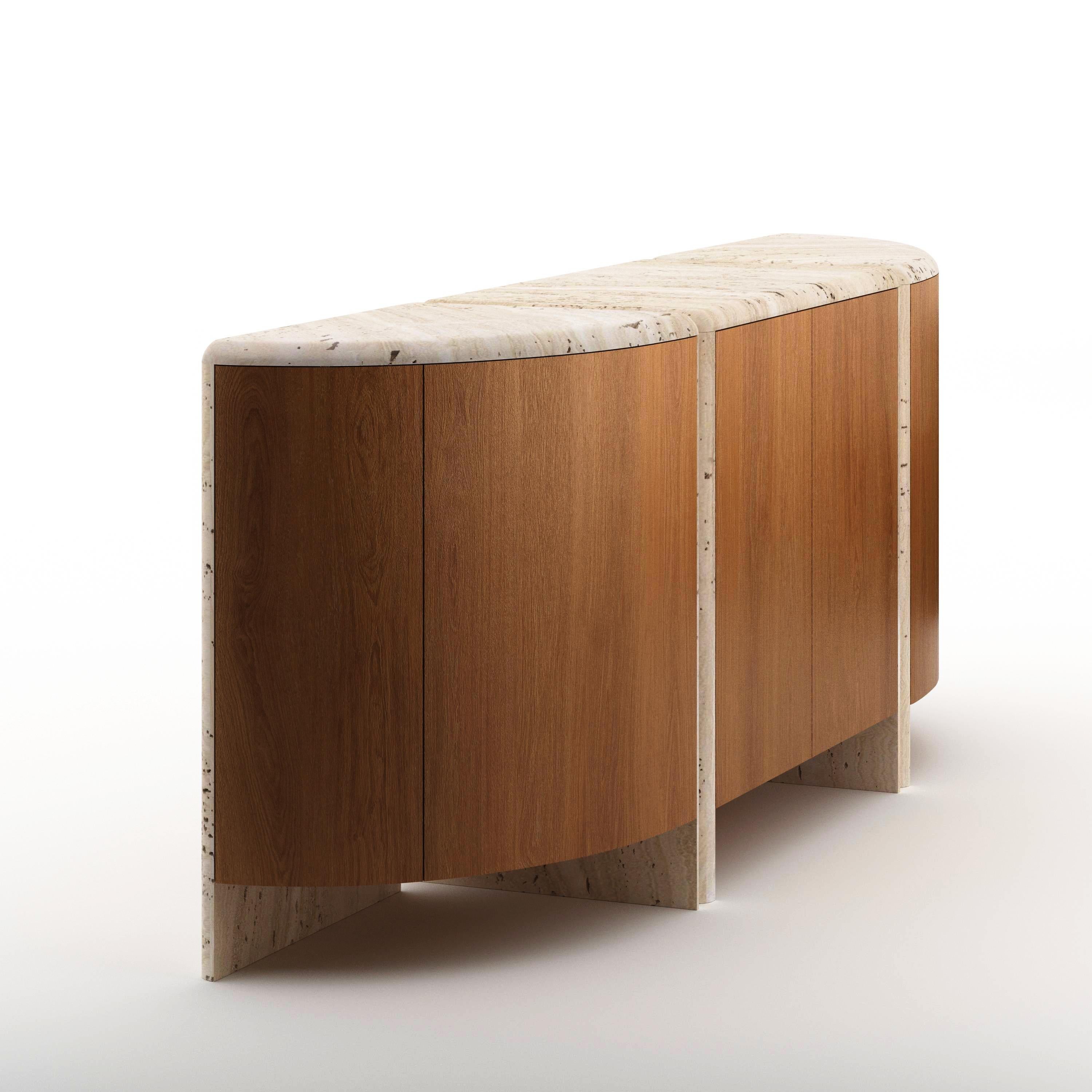 Modern Lily Rounded Credenza in Honed Unfilled Navona Travertine and Oak by Fred&Juul For Sale