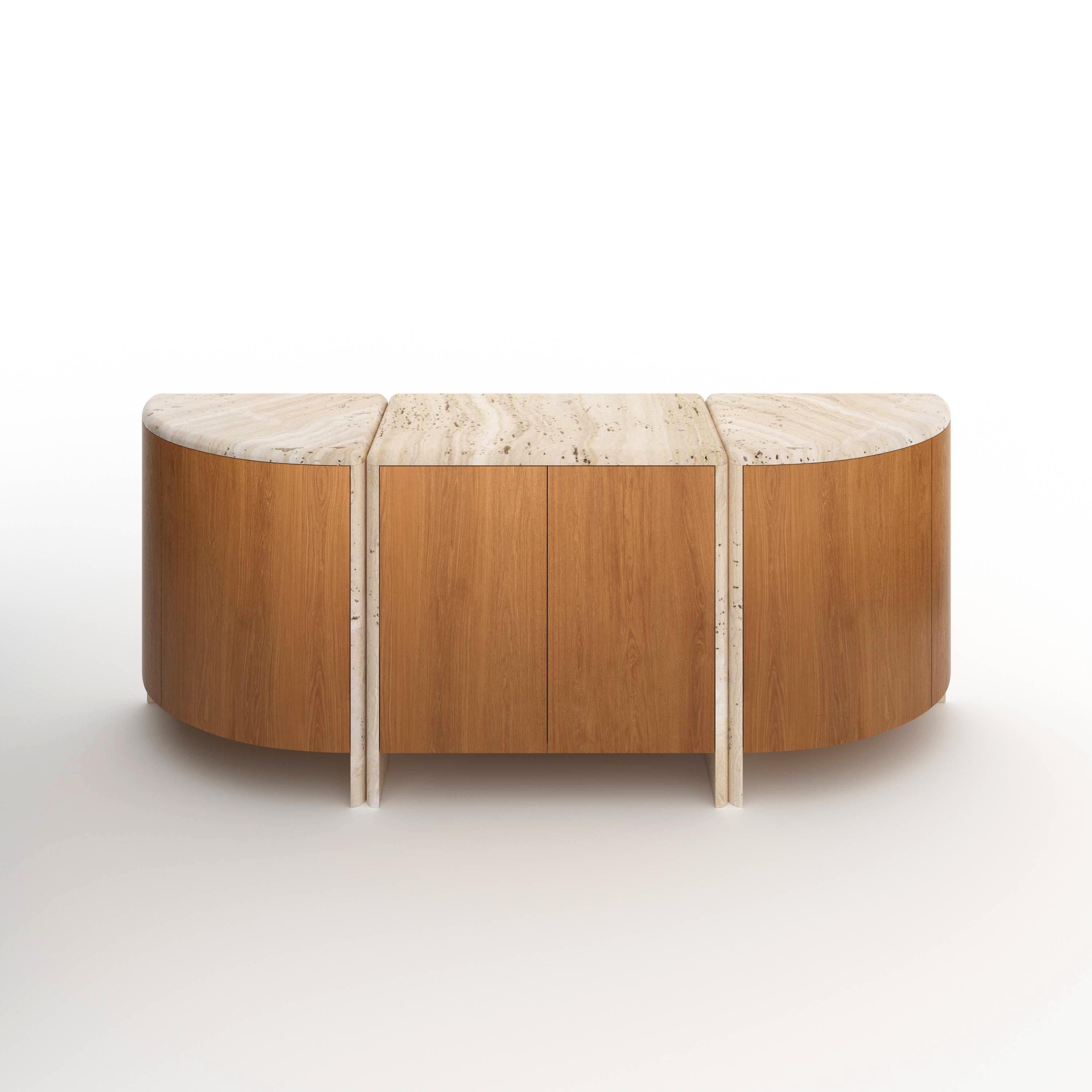 Italian Lily Rounded Credenza in Honed Unfilled Navona Travertine and Oak by Fred&Juul For Sale
