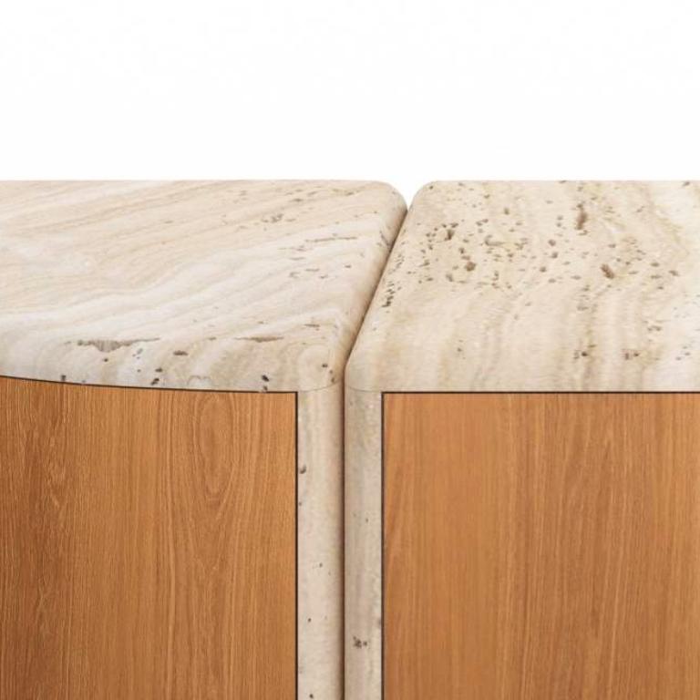 Hand-Crafted Lily Rounded Credenza in Honed Unfilled Navona Travertine and Oak by Fred&Juul For Sale
