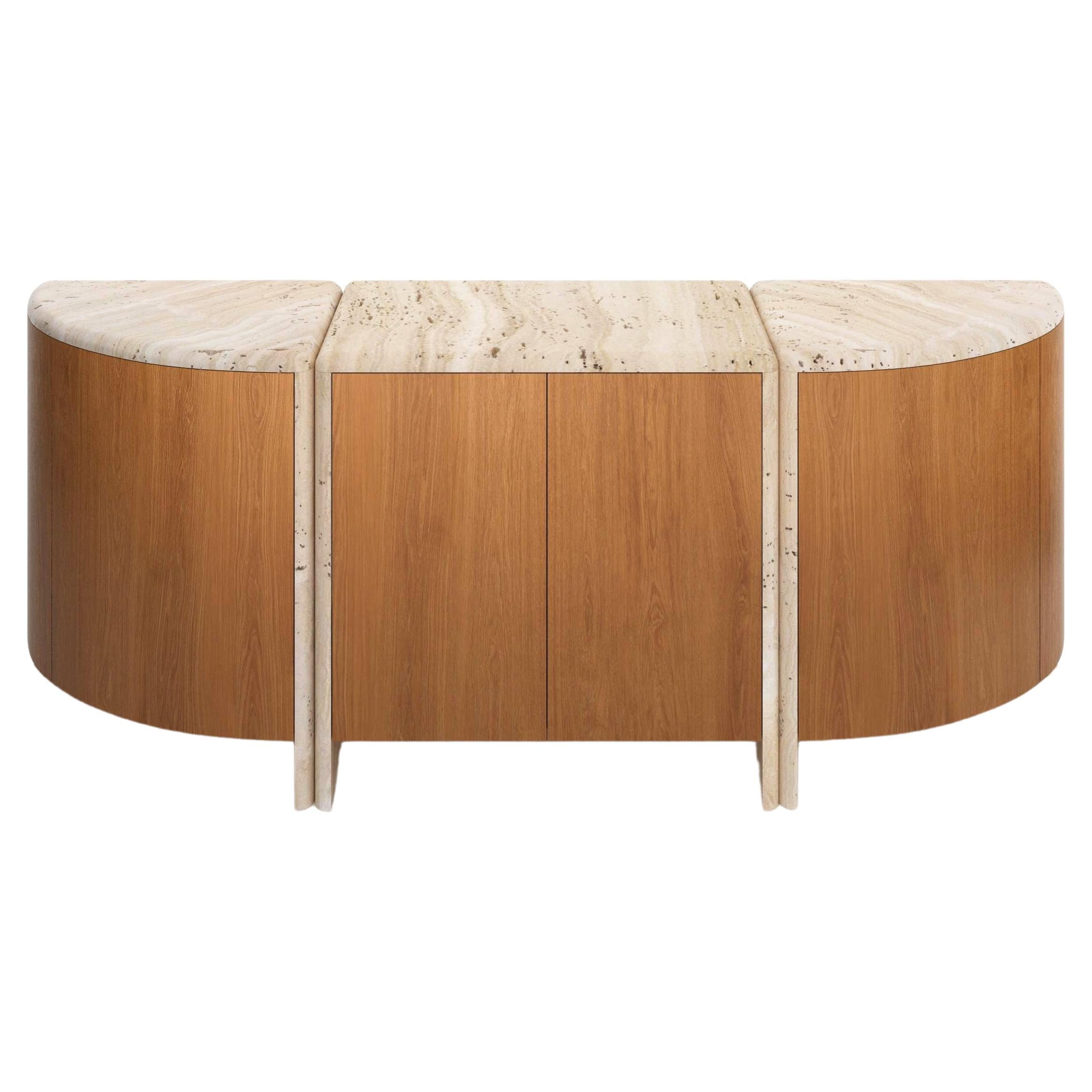 Lily Rounded Credenza in Honed Unfilled Navona Travertine and Oak by Fred&Juul For Sale