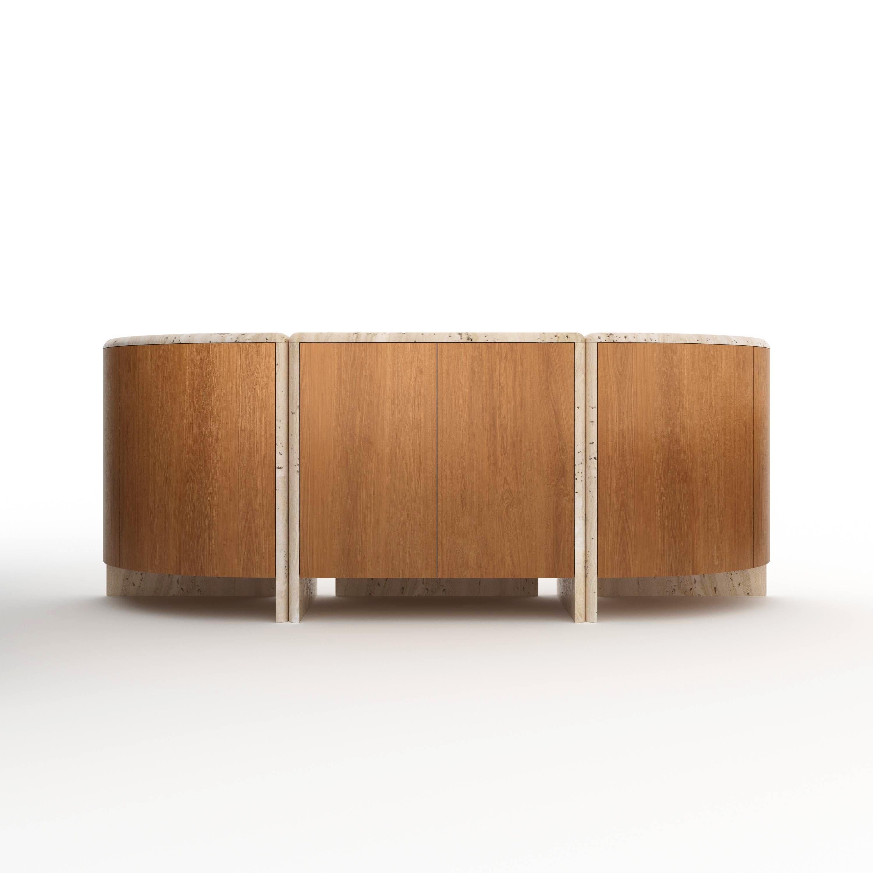 Italian Lily Rounded Credenza in Honed Unfilled Red Travertine and Walnut by Fred&Juul For Sale