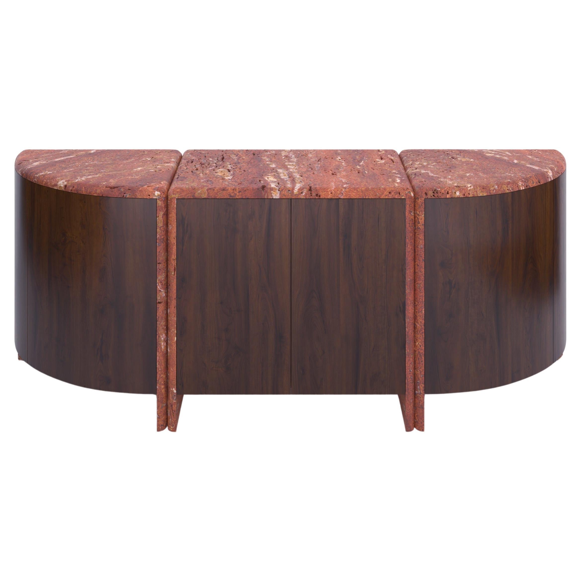 Lily Rounded Credenza in Honed Unfilled Red Travertine and Walnut by Fred&Juul