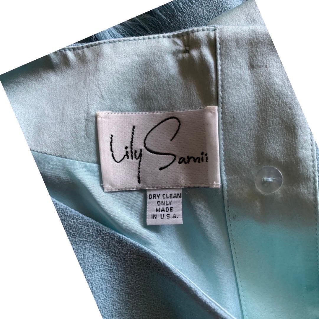 Lily Samii Custom Made Aquamarine Crepe Blouse, Skirt & Pant 3 Piece Set Size 6 For Sale 6