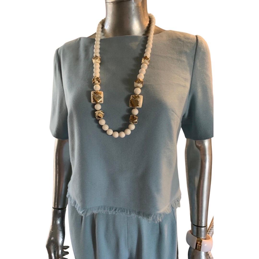 Lily Samii Custom Made Aquamarine Crepe Blouse, Skirt & Pant 3 Piece Set Size 6 In Good Condition For Sale In Palm Springs, CA