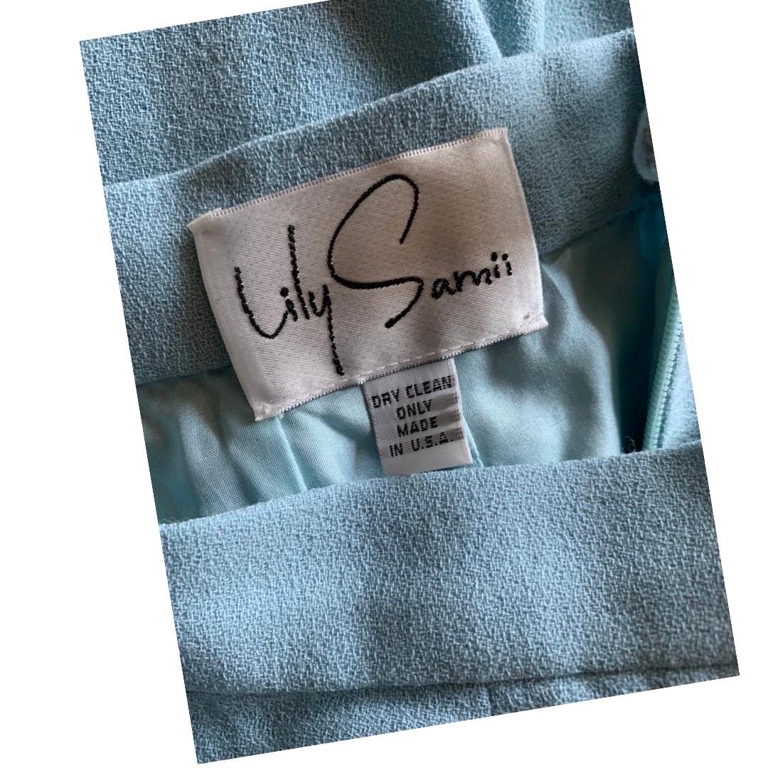 Lily Samii Custom Made Aquamarine Crepe Blouse, Skirt & Pant 3 Piece Set Size 6 For Sale 2