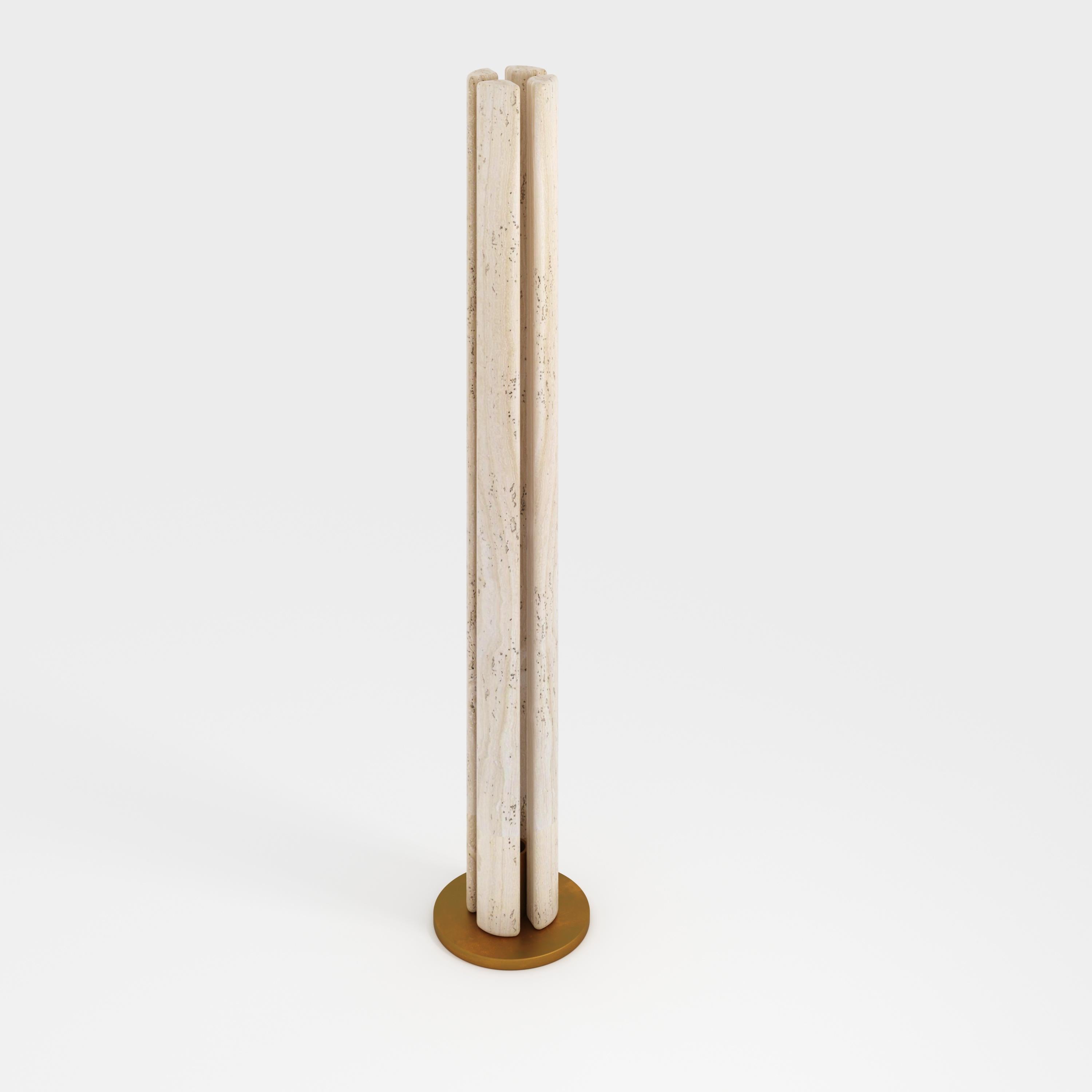 A floor light conceived as a sculpture and presenting as a totem. Handmade out of 4 pieces of honed unfilled Navona Travertine with rounded edges that let through the light radiating upwards from the inside.
Available in any size and material of