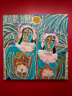 "Blooming Together" contemporary oil painting of women with teal painted skin